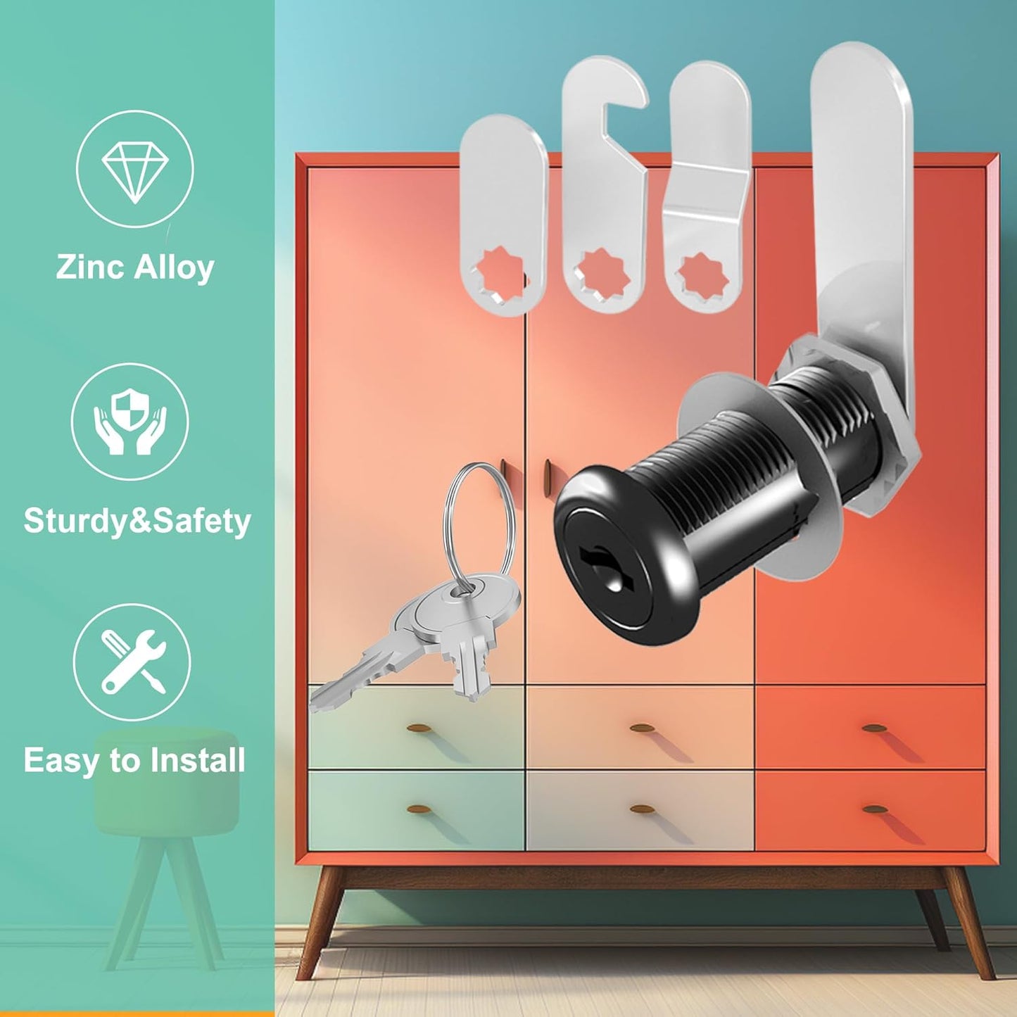 6 Pcs Cabinet Locks with Keys, 1-1/2'' Cam Lock Keyed Alike Fit 1-3/8'' Max Panel, Secure Your File Cabinet Drawer Desk Toolbox Mailbox Lock Replacement, Zinc Alloy