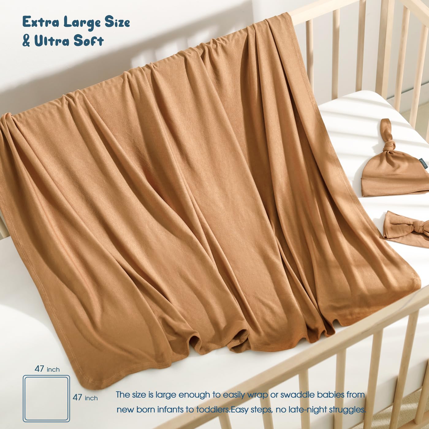 GRSSDER Newborn Swaddle Blanket, Ultra Soft Jersey Receiving Blanket with Matching Headband and Beanie Set, 47×47" Extra Large Nursery Swaddle Wrap for Girls and Boys