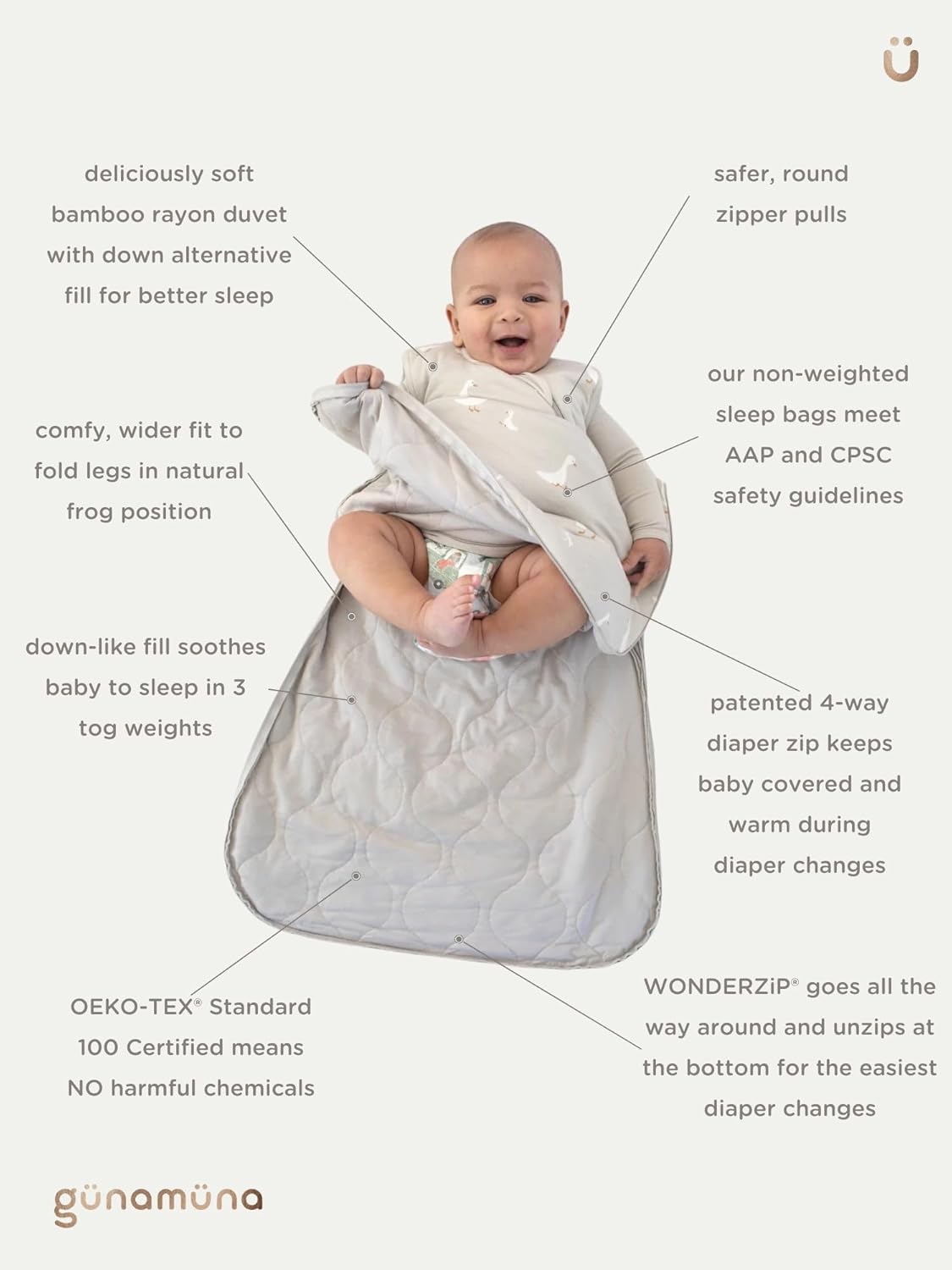 GUNAMUNA Unisex Long-Sleeve Sleep Sack, Wearable Sleep Bag for Babies and Toddlers, Soft Rayon, 1.0 TOG, 3 to 36 Months