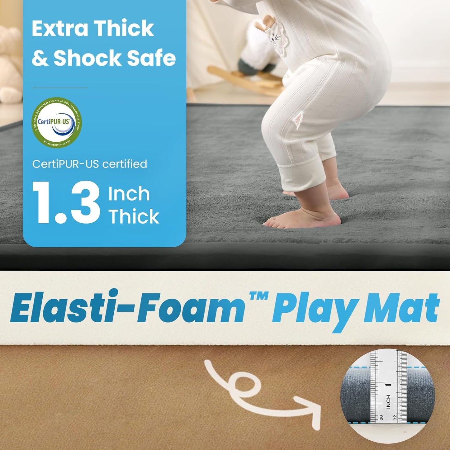 1.3" Thick Baby Play Mat,Ultra Soft Elasti-Foam 50×50 Playpen Mat for Tummy Time,Water-Repellent Coral Fleece Nursery Rug for Infants,Toddlers,Kids,Non-Slip Safe for Crawling(Dark Grey)