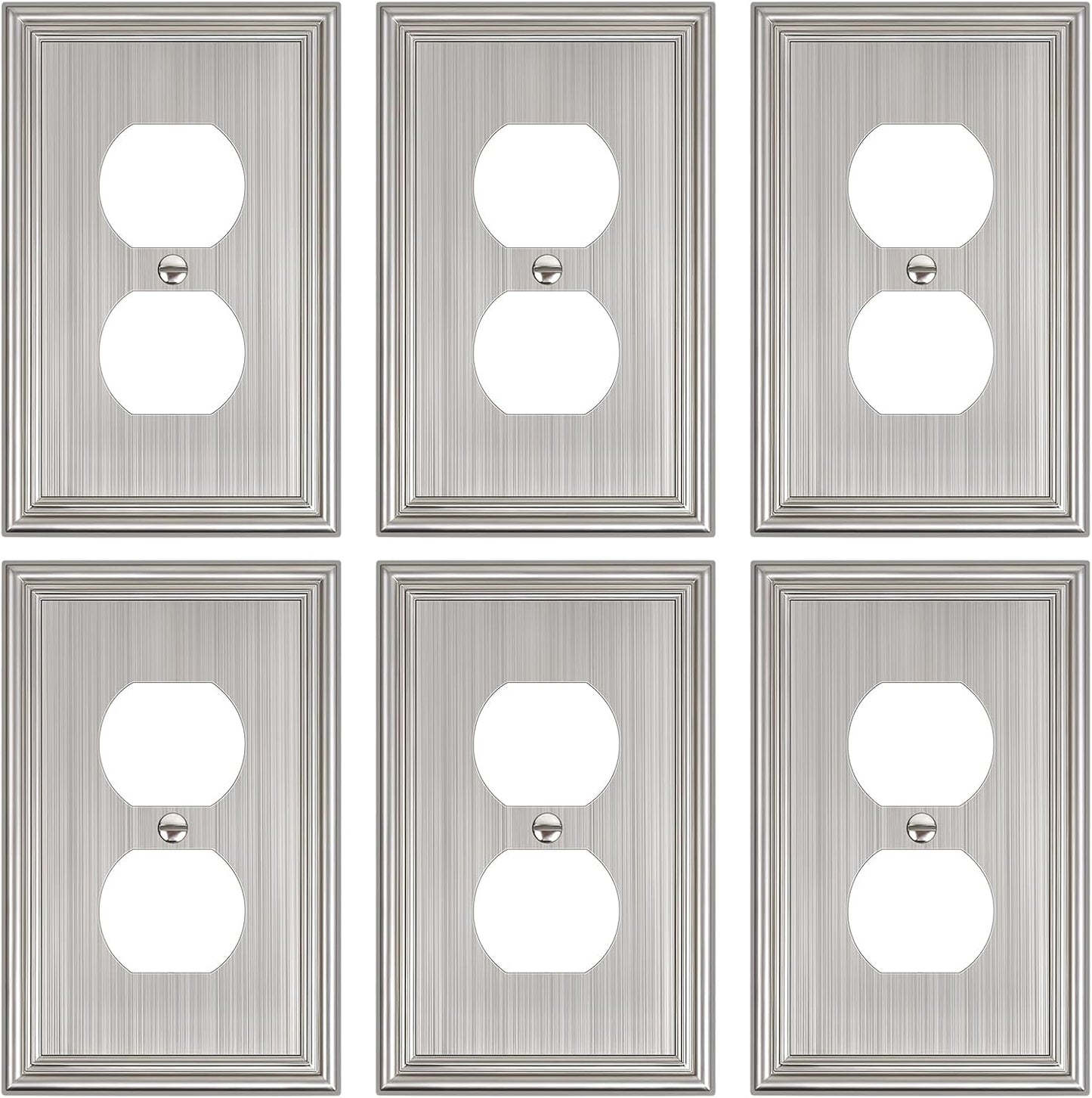 6-Pack Single Duplex Outlet Cover Plate, Decorative Brushed Nickel Switch Plates and Outlet Covers, Metal Wall Plates for Electrical Outlets, 1 Gang Receptacle Cover, Corrosion Resistant