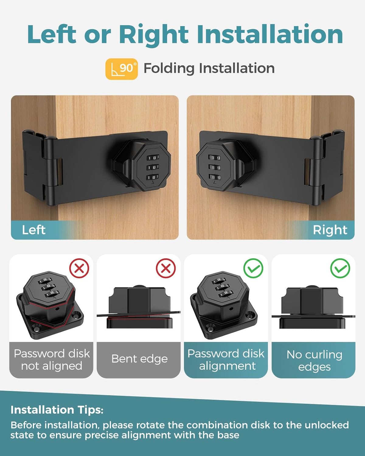 90 Degree Cabinet Combination Door Lock Latch, Zinc Alloy Password Rotary Hasp Lock, Keyless Folding Latches for Office File Cabinet, Drawers, Cupboard, Small Doors, Locker (2, Black)