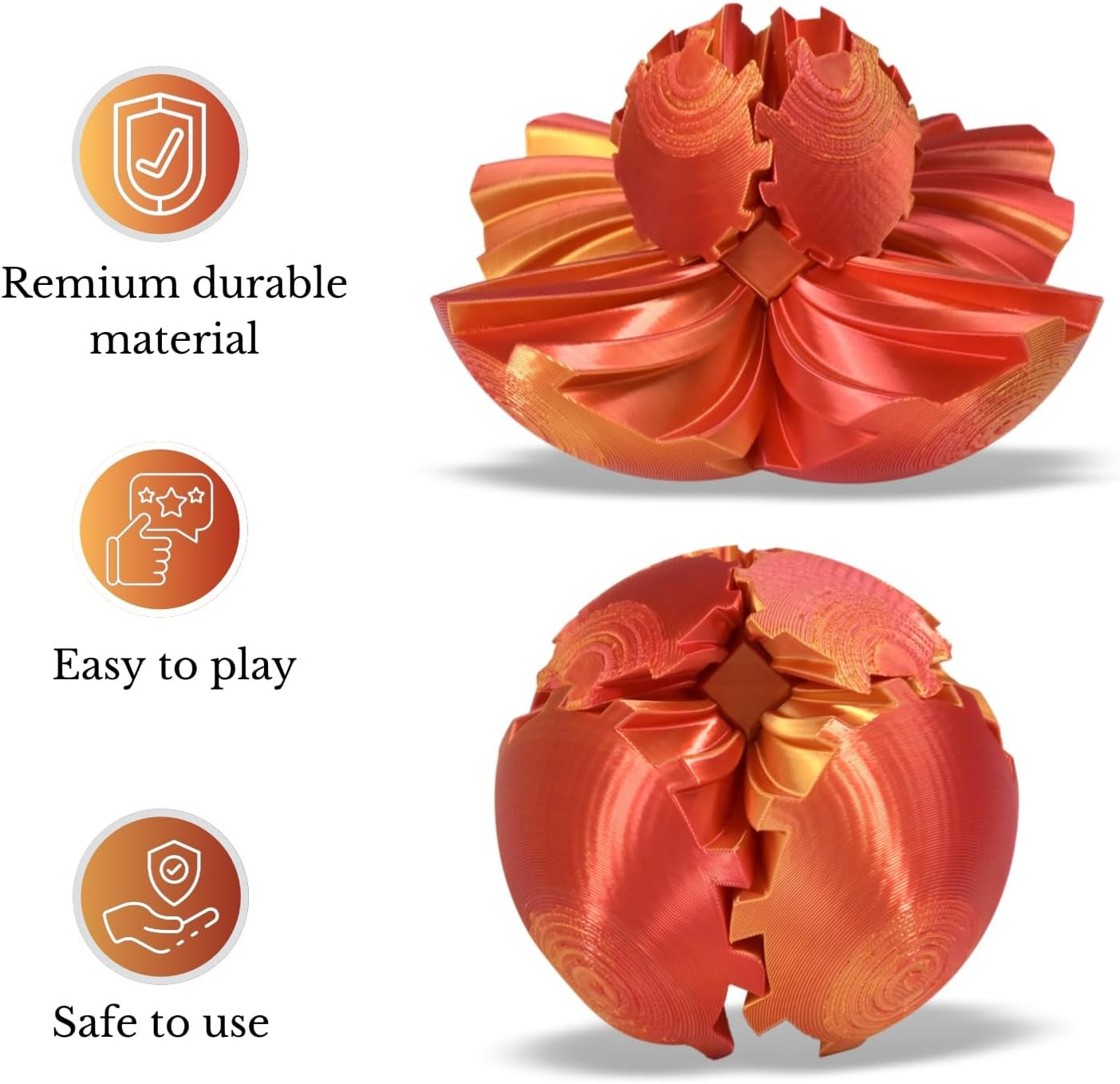 3D Printed Gear Ball, Gear Sphere Fidget Toy Stress Relif Toy for ADHD, Anxiety Relaxing Toy for Adults at Work/Study/Travel, Twisted Red-Gold