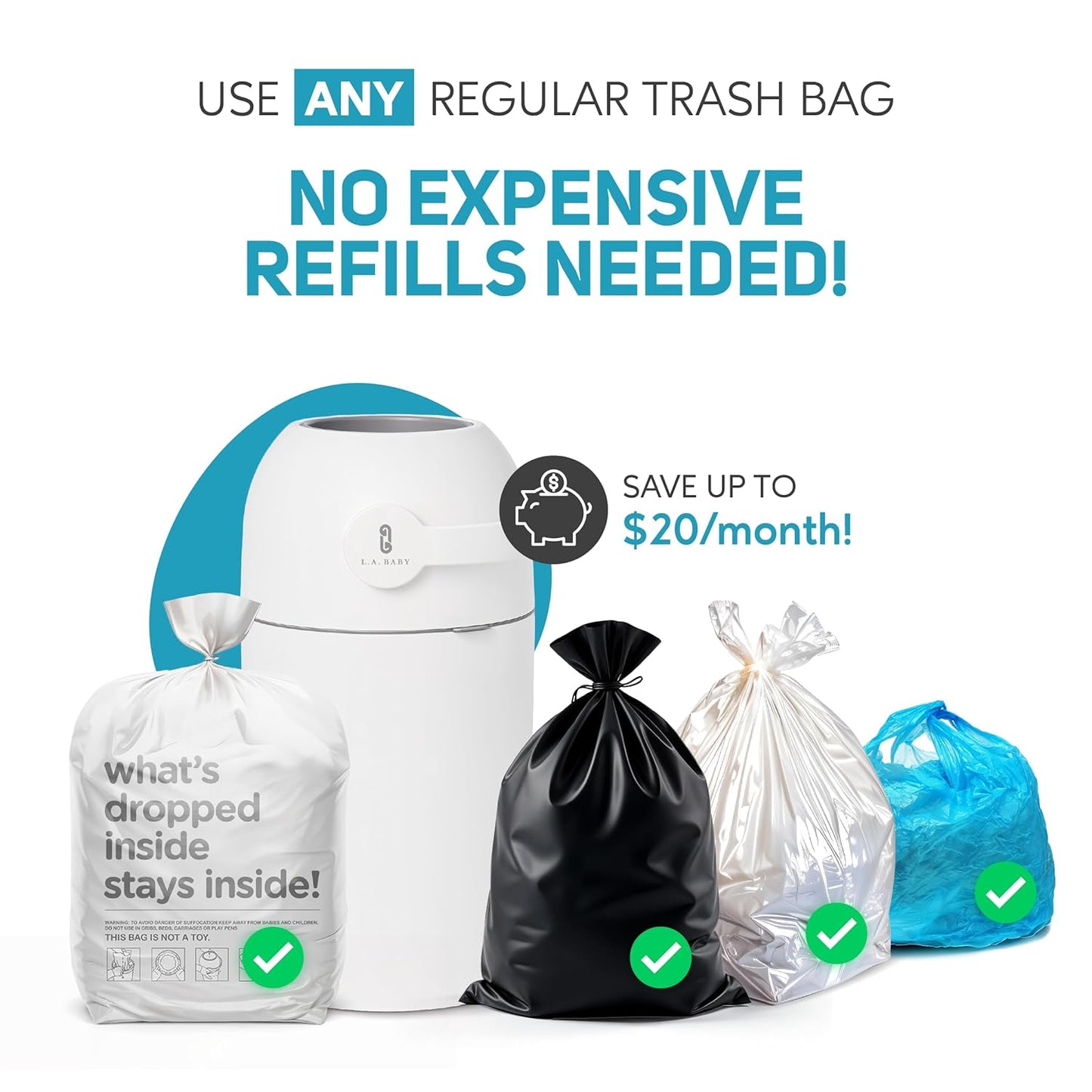 L.A. Baby Magic Diaper Pail - Patented 100% Odor-Free System with Child-Safe Lock - Award-Winning Design - No Refills Required - Works with Regular Trash Bags - White