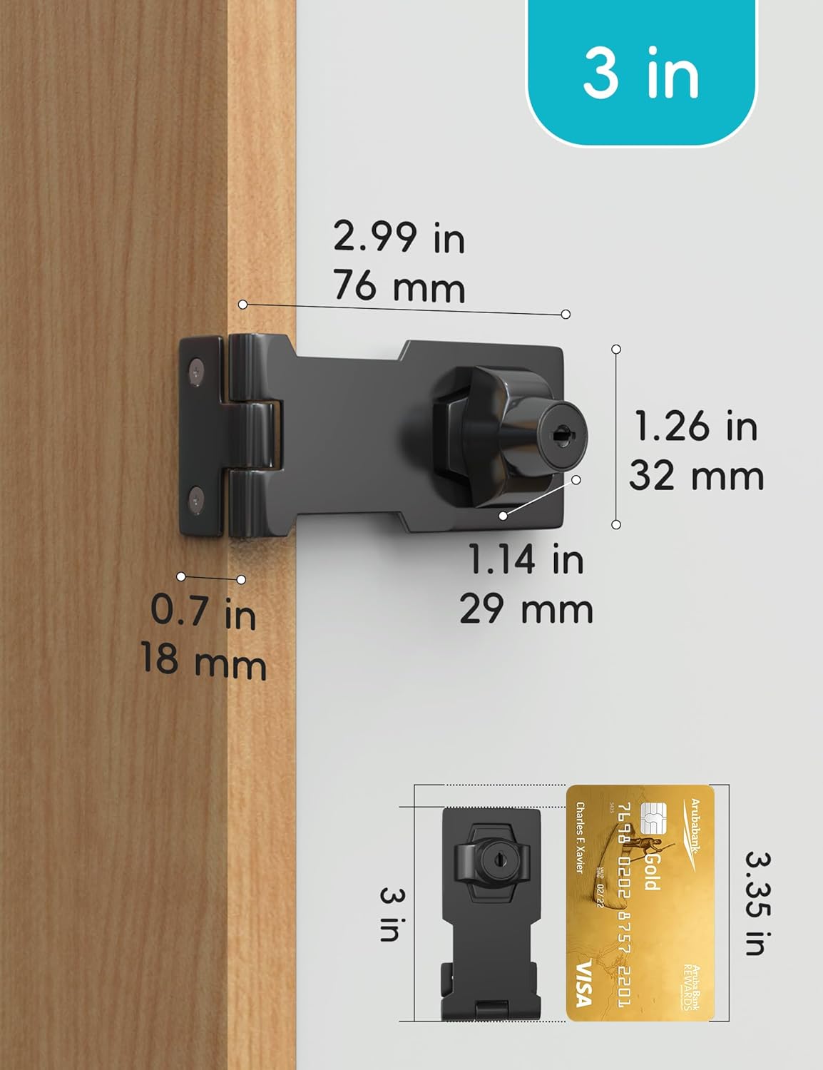 3 Inch Keyed Hasp Lock for Cabinets & Small Doors, Twist Knob Design, Heavy Duty Zinc Alloy with Chrome-Plated Iron, Includes Keys & Screws - Black, 2 Pack