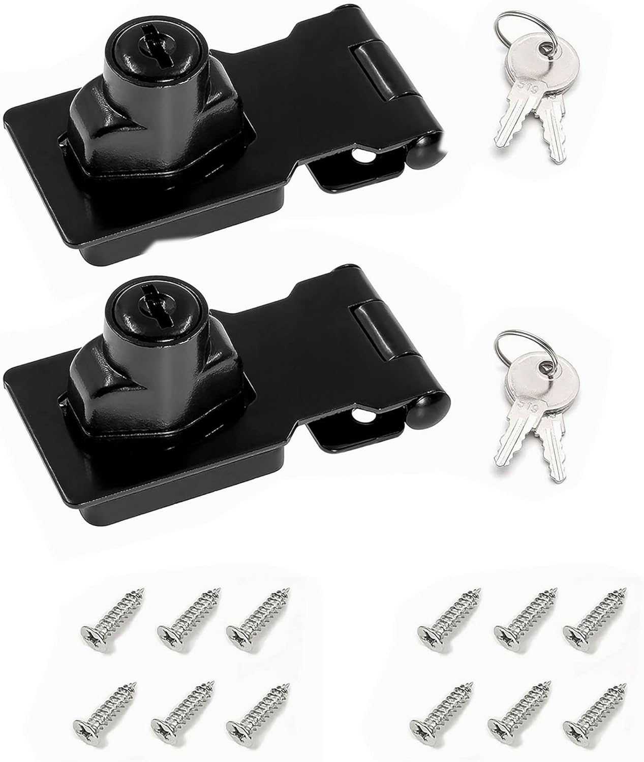 2.5 Inch Keyed Hasp Lock for Cabinets & Small Doors, Twist Knob Design, Heavy Duty Zinc Alloy with Chrome-Plated Iron, Includes Keys & Screws - Black, 2 Pack