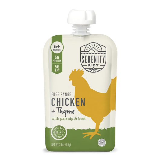 Serenity Kids 6+ Months Chicken Baby Food Pouches - BPA-Free Pouches - Free-Range Chicken & Organic Parsnip, Beet & Thyme - Protein-Rich & No Added Sugar - 3.5 Oz, 12 Pack