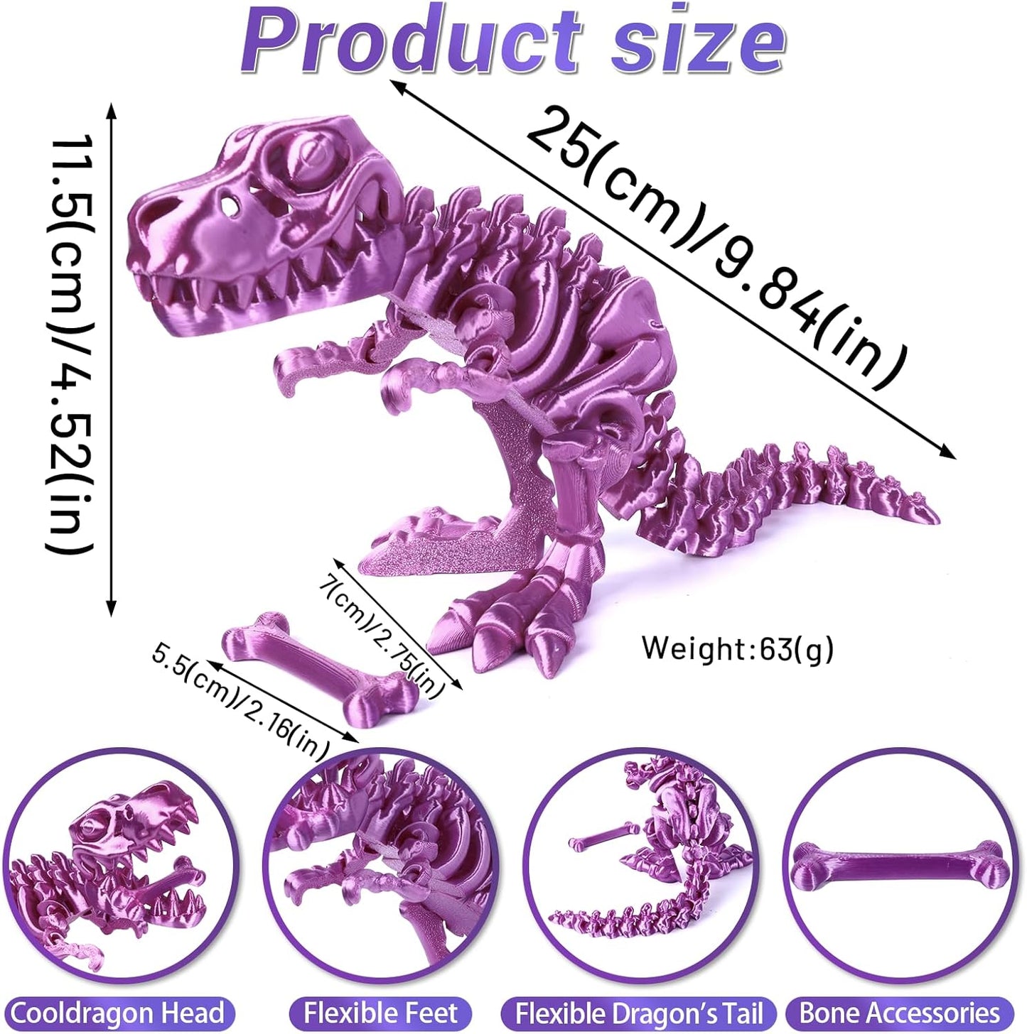 3D Printed Dinosaur Bones Tyrannosaurus Rex Skeleton with Movable Joints, 3D Model Skull T-Rex, Flexible Articulated Dinosaur Fidget Toys Adults for Autism/ADHD