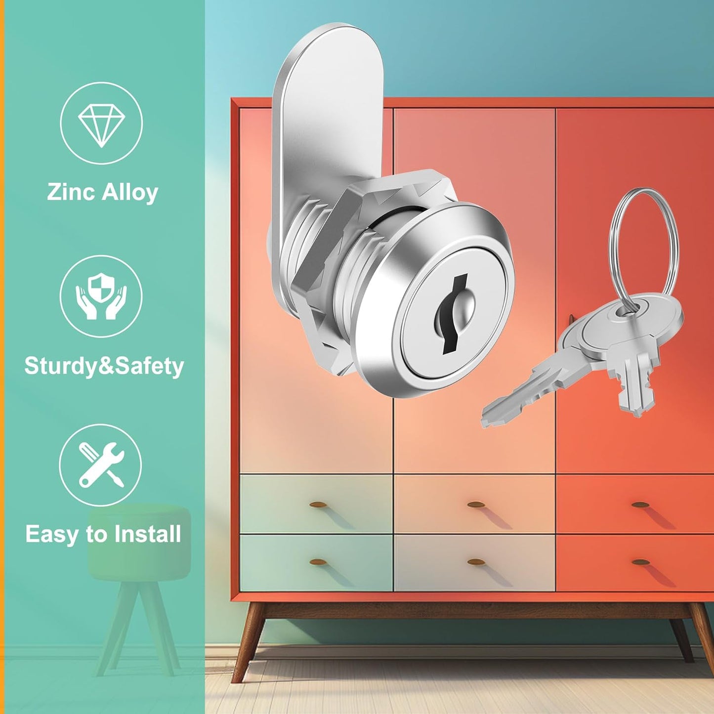 6 Pcs Mailbox Locks with Keys, Cabinet Lock with Key, Kitchen Cabinets Cam Locks 5/8" Keyed Alike, Drawer Desk Lock for Drawers and RV Storage Door, Zinc Alloy