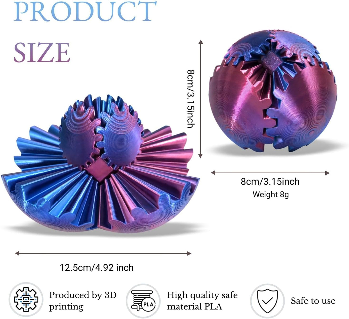3D Printed Gear Ball, Gear Sphere Fidget Toy Stress Relif Toy for ADHD, Anxiety Relaxing Toy for Adults at Work/Study/Travel, Blue-Purple