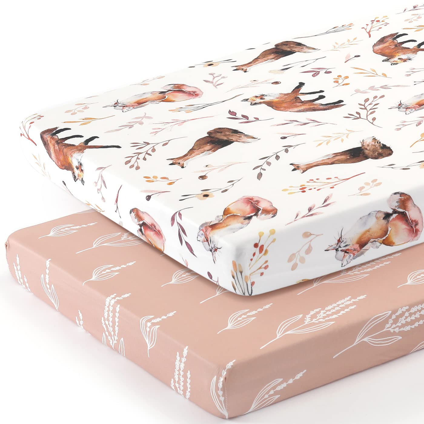 GRSSDER Stretchy Ultra Soft Jersey Knit Fitted Pack n Play Sheets Set 2 Pack, Fit Portable/Mini Crib, Playards Mattress Pads Safe and Snug, Pretty Fox for Baby Girls