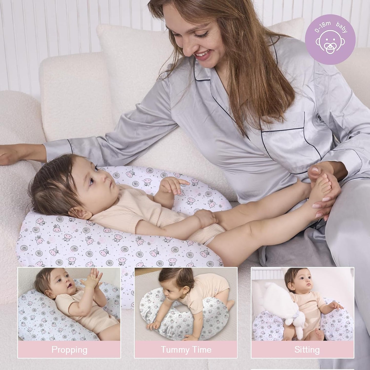 Nursing Pillow, Breast Feeding Pillows for Mom, Pink Calf Soft Cover with Breathable Filling, Feeding Support Pillow for 0-12 Months, Multifunctional Support Cushion for Travel (Cute Calf)