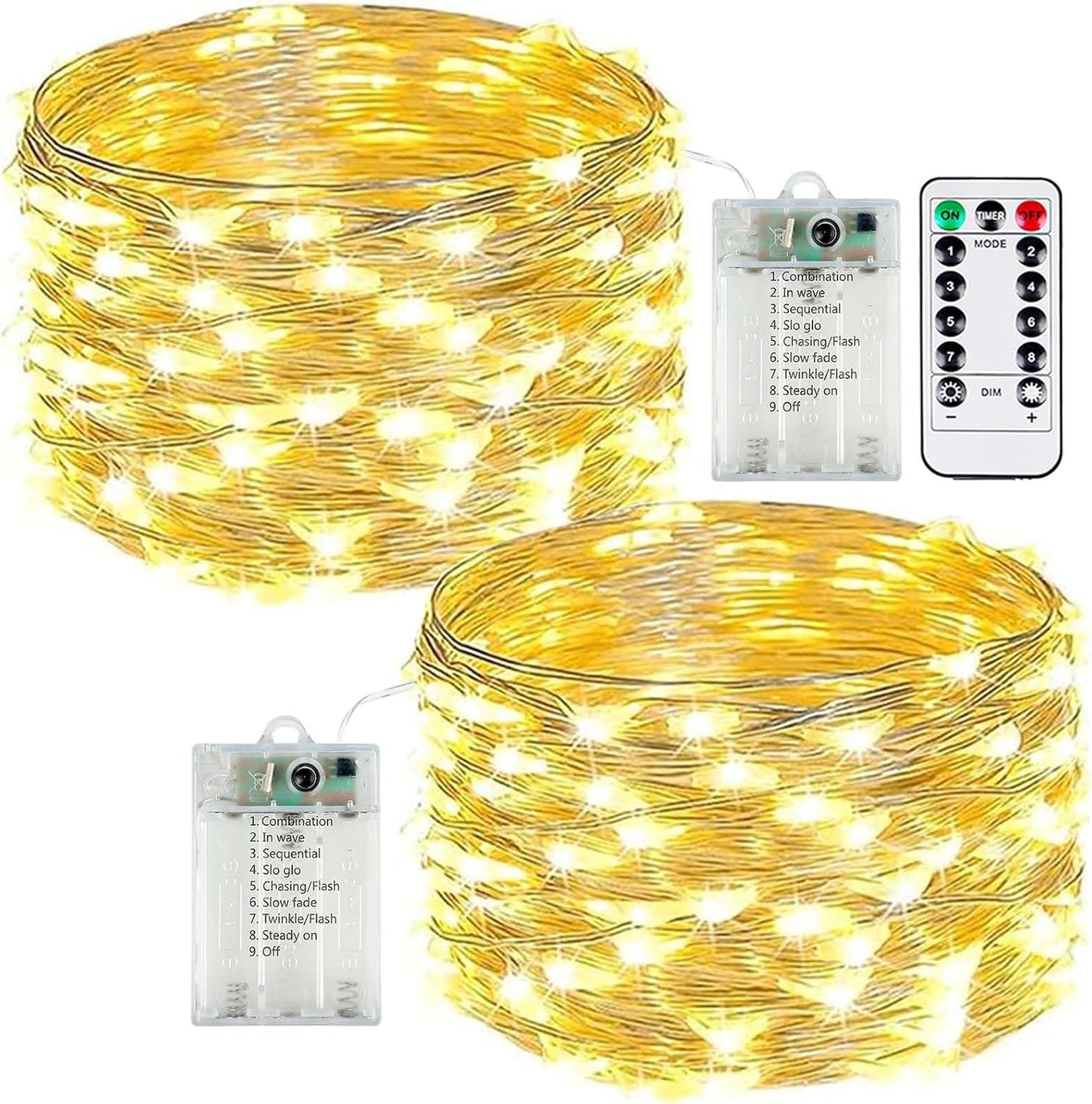 2-Pack 50 LED Fairy Lights Battery Operated with Remote Control Timer, 16 FT 50 LED Battery Lights Outdoor Indoor, 8 Mode Twinkle String Lights for Classroom Party Bedroom Christmas Décor (Warm White)
