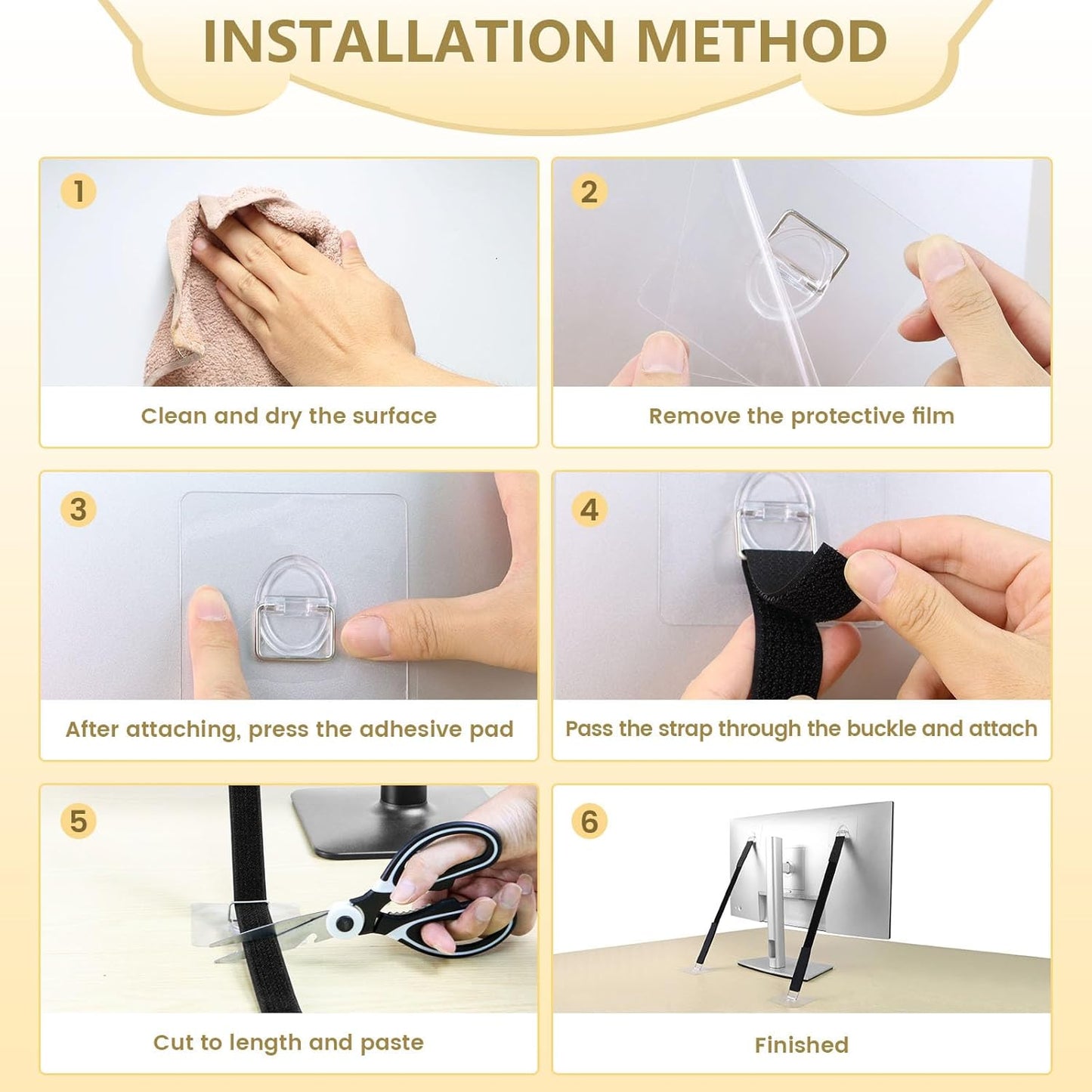 4 Pack Cut to Length TV Safety Straps for Flat Screen, No-Drill Adjustable Anti-Tip Earthquake Straps for TV and Furniture，Including 1in*16ft Hook and Loop Straps with 8 Adhesive Anchors