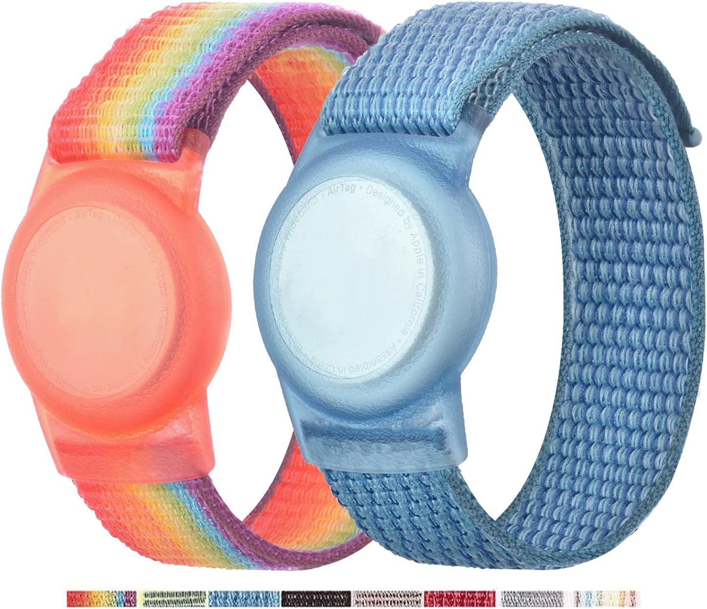 2 Pack AirTag Bracelet for Kids, Apple Air Tag Protective Cover with Nylon Wristband, Anti Lost GPS Trackers Case Cover Elastic Watch Band for Toddlers Girls Boys Elders (Rainbow,Blue)