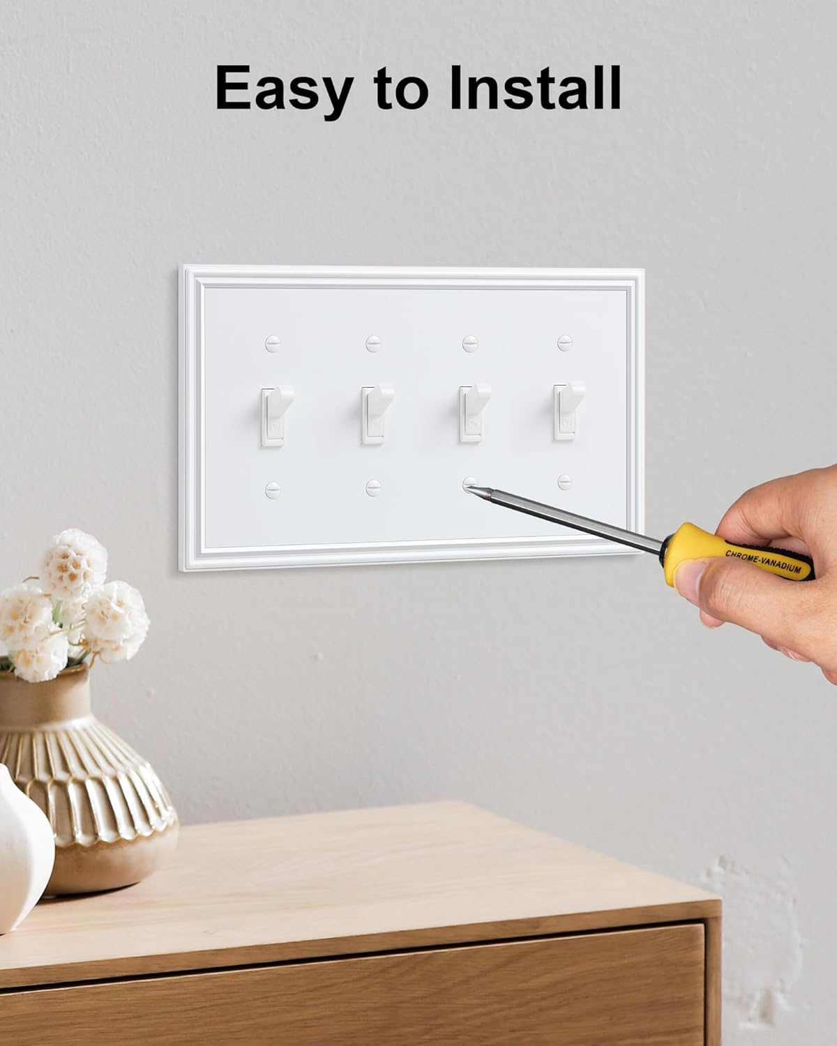 2-Pack Quad Toggle Light Switch Cover Plate, Durable Zinc Alloy Decorative Switch Plate Covers, Pure White 4 Gang Wall Plate for Toggle Light Switch and Rotary Dimmer Switch