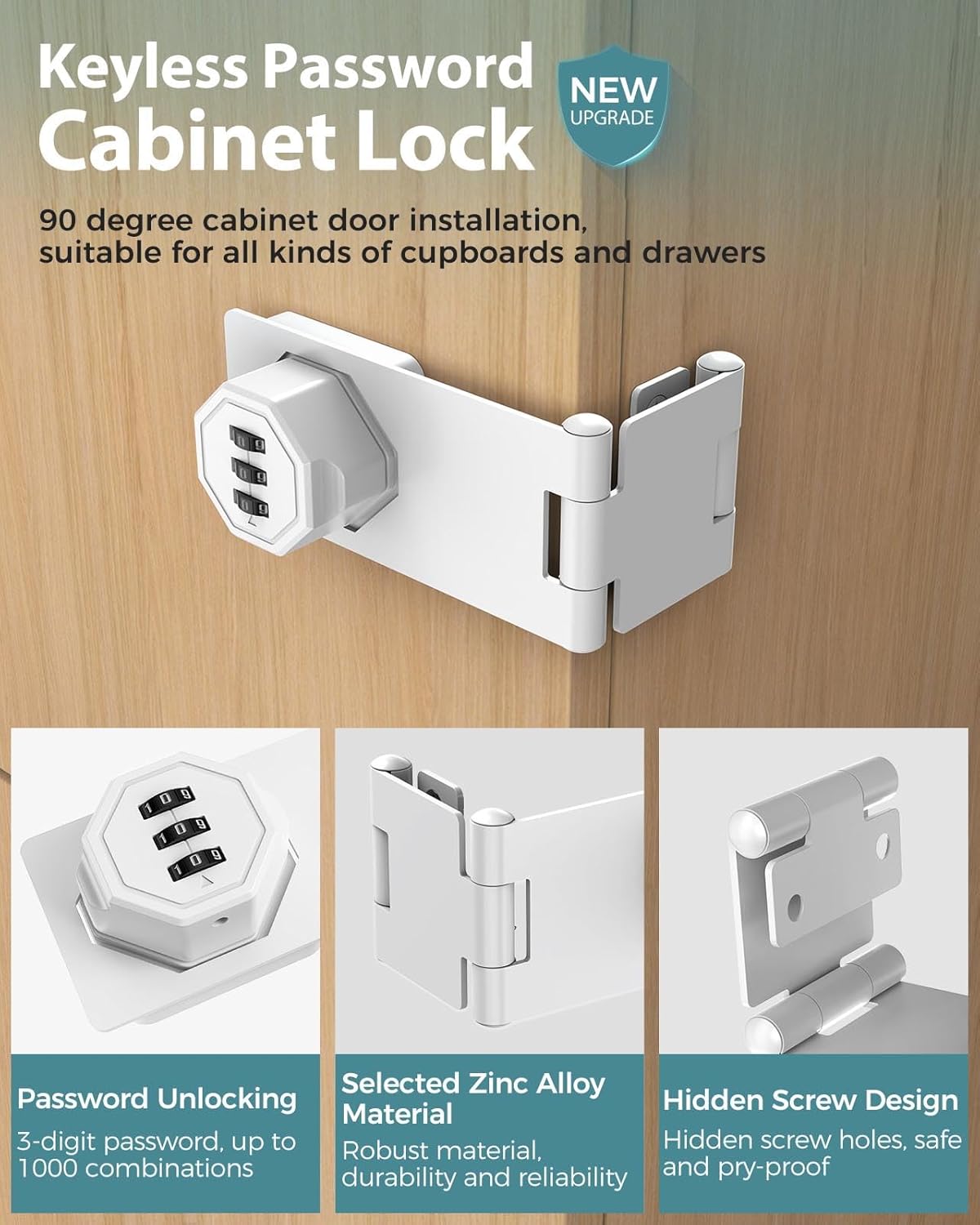 90 Degree Cabinet Combination Door Lock Latch, Zinc Alloy Password Rotary Hasp Lock, Keyless Folding Latches for Office File Cabinet, Drawers, Cupboard, Small Doors, Locker (1, White)