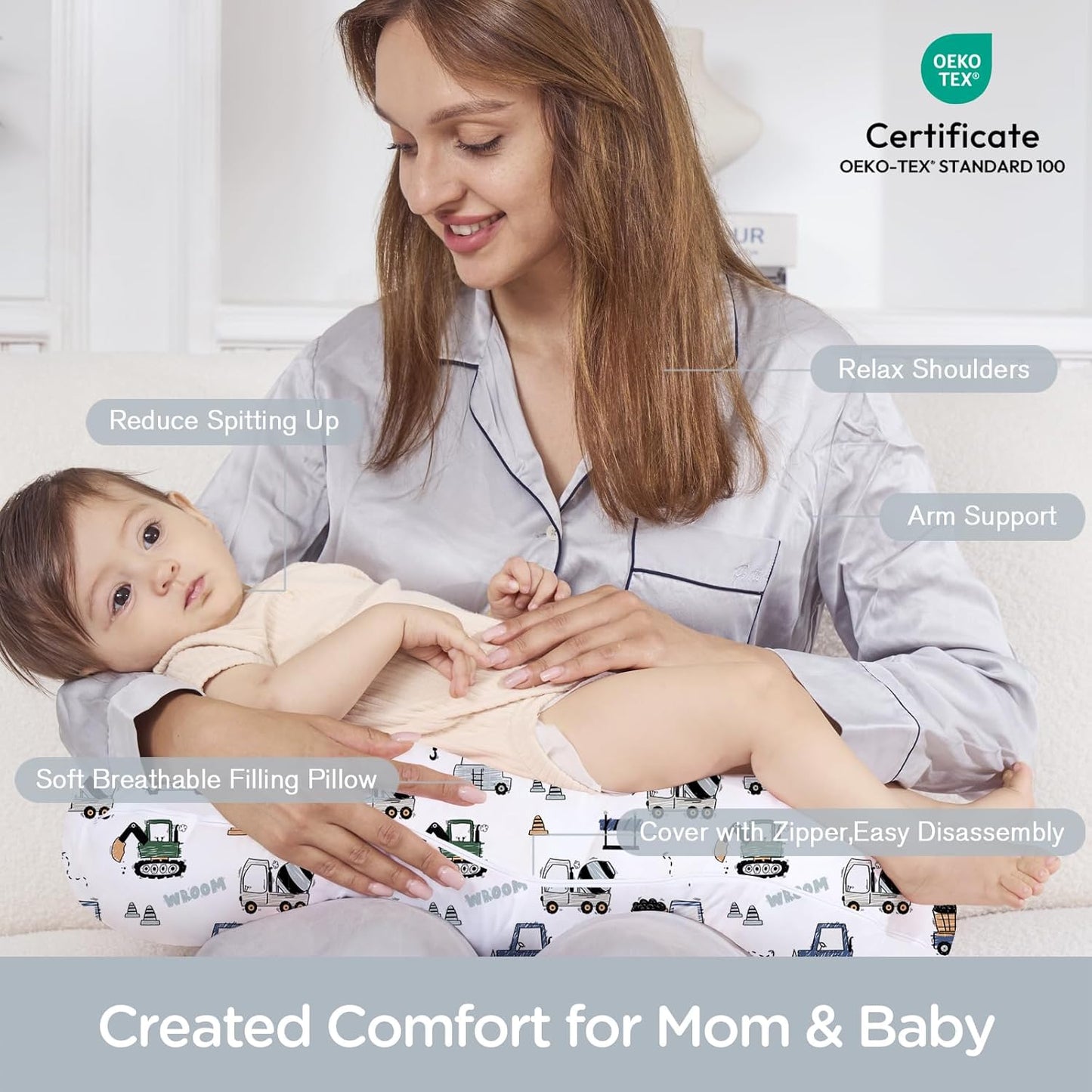 Little Grape Land Nursing Pillow for Infants, Breastfeeding Pillows, Baby Support Pillow for Nursing, Bottle Feeding, Tummy Time with Machine Washable Cover & Breathable Filling (Construction Truck)