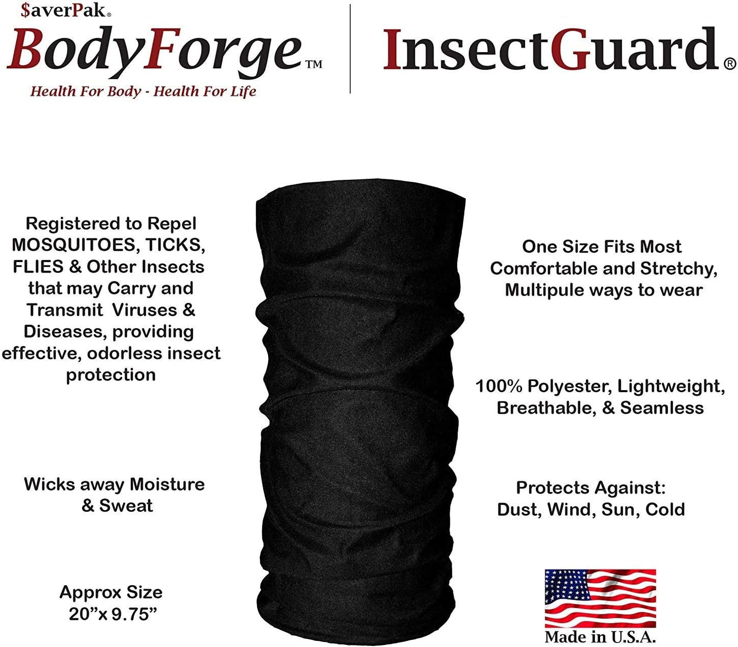 $averPak BodyForge & InsectGuard - Permethrin Treated Mosquitoes, Flies, Ticks & More Insect Repellent Tube Bandanna Neck Gaiter Headband (Black)