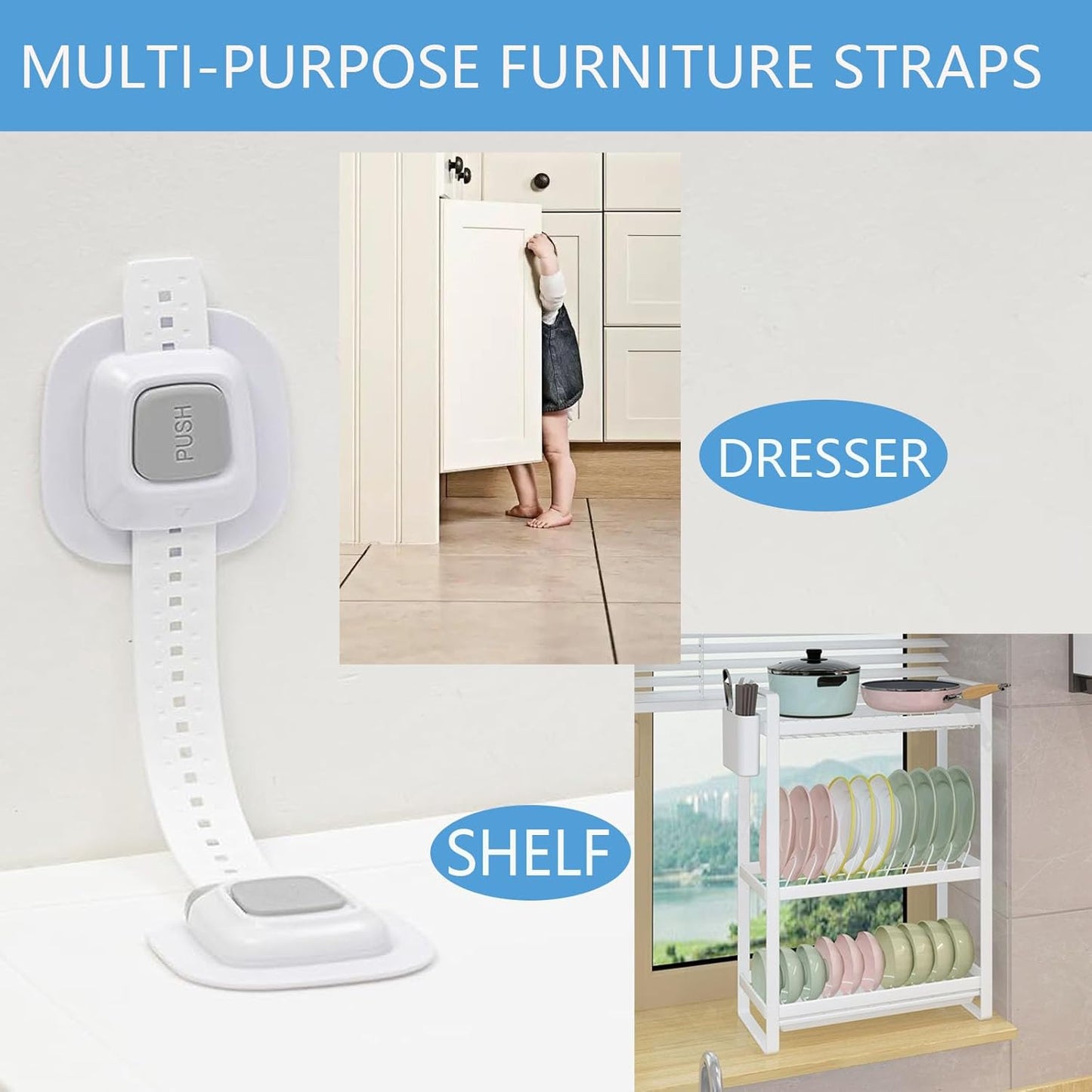 YEYA No Drill Anti tip Furniture Adjustable Straps Wall Anchors for Baby proofing with 3M Adhesive (Upgraded 2P)