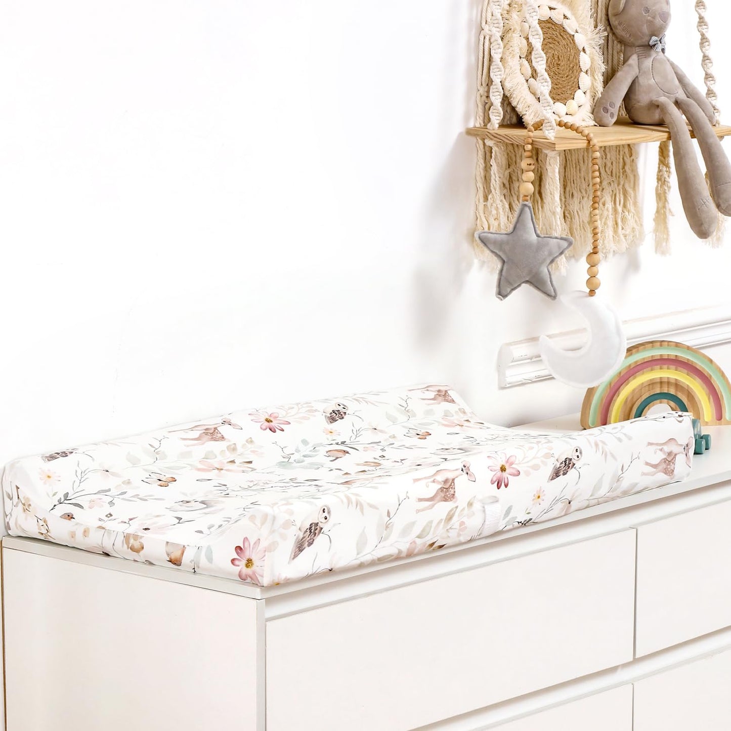 GRSSDER Stretch Ultra Soft Jersey Knit Changing Pad Cover Set 2 Pack, Change Table Pad Covers Fit 32"/34" x 16" Pads Safe and Snug, Beautiful Blush Pink Floral and Cute Animals Print for Girls