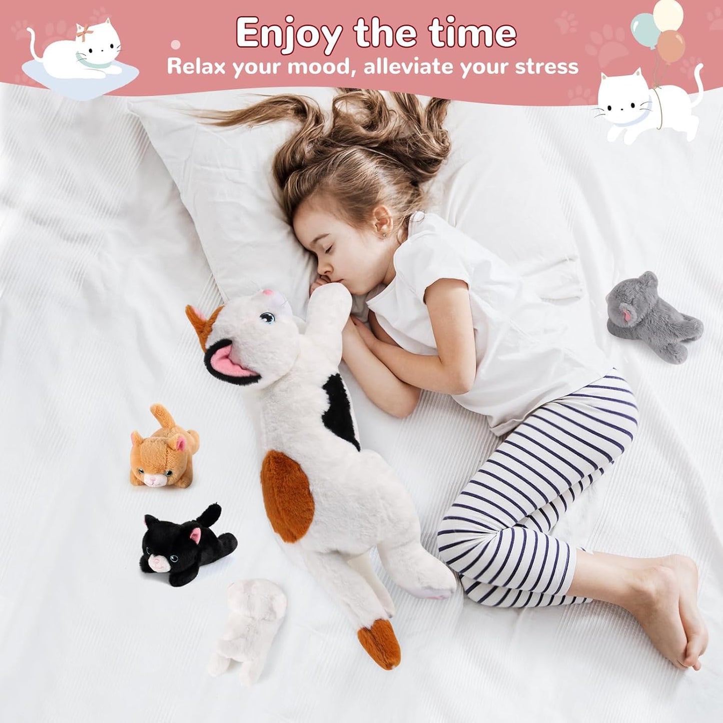 5 Pieces Cat Stuffed Animals with Babies Inside Belly - 1 Mommy Stuffed Cat with 4 Kittens - Stuffed Kitty Plush Toys for Kids Age 3-8, Gifts Ideal for Christmas, Valentine's, Birthday