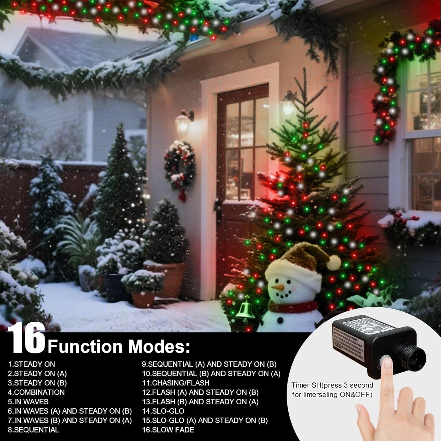 66ft Christmas Decorative Mini Lights, 200 LED Green Wire Fairy Starry String Lights Plug in, 16 Lighting Modes for Outdoor Xmas Tree Wedding Party Decoration (Red Green White)