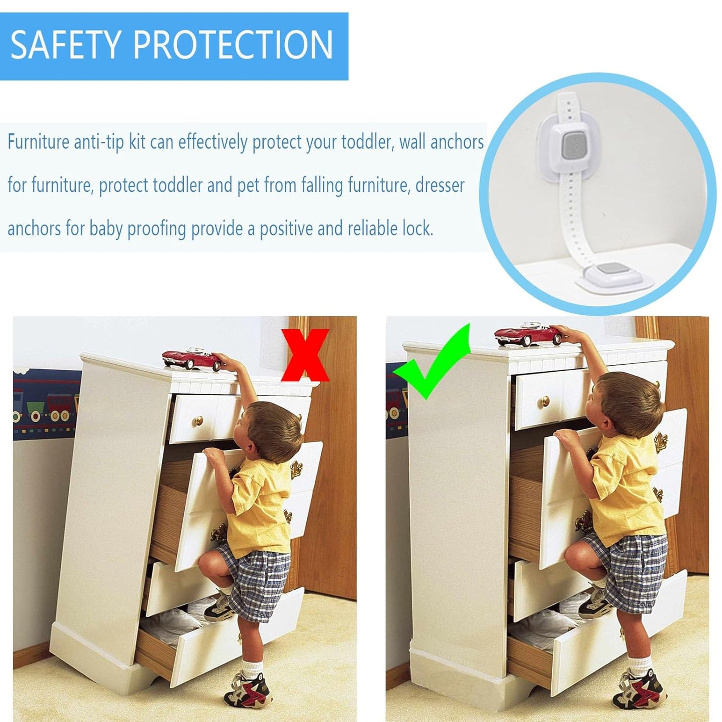 YEYA No Drill Anti tip Furniture Adjustable Straps Wall Anchors for Baby proofing with 3M Adhesive (Upgraded 2P)