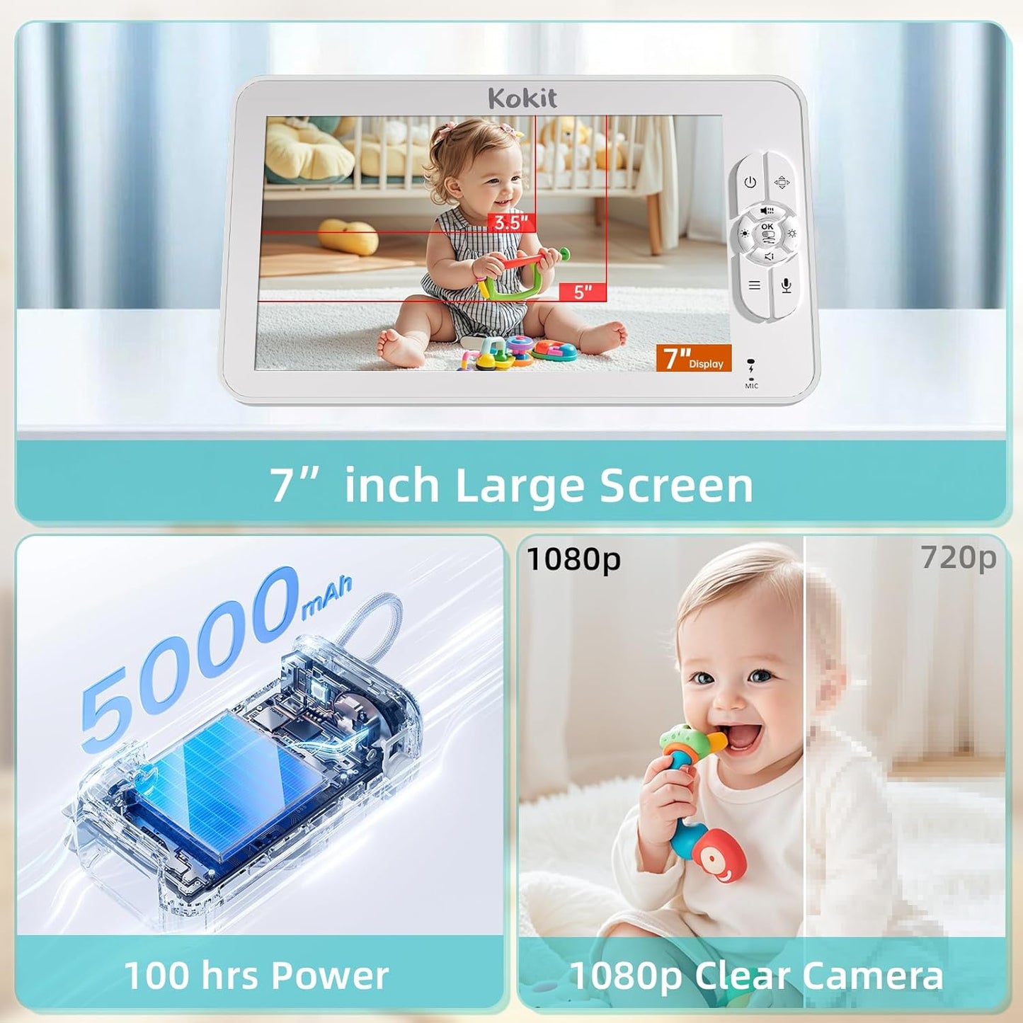 7" 1080P Full HD Split-Screen Baby Monitor,100 Hrs 5000mAh Battery Runs 4 Days with Flexible Bracket,No WiFi Baby Monitor with 2 FHD Cameras Hack-Proof,4X Zoom,2-Way Talk,Temp Alert/Lullabies/VOX