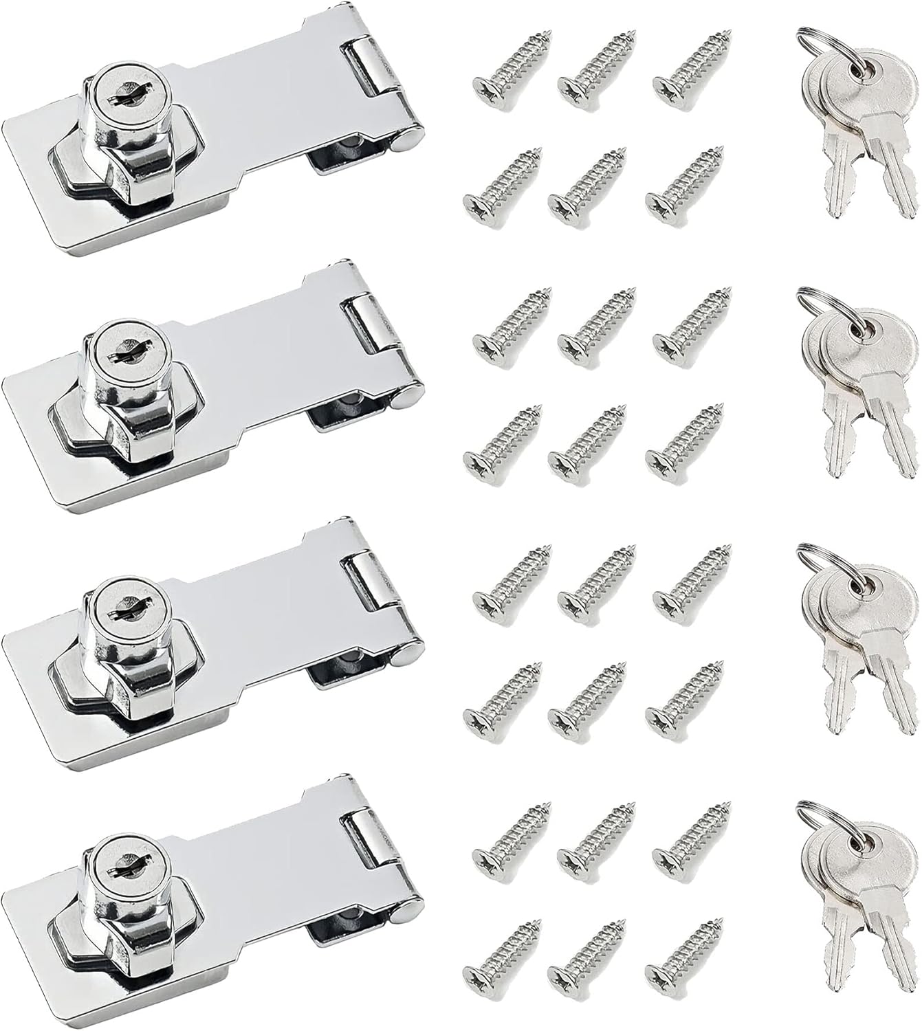 3 Inch Keyed Hasp Lock for Cabinets & Small Doors, Twist Knob Design, Heavy Duty Zinc Alloy with Chrome-Plated Iron, Includes Keys & Screws - Silver, 4 Pack