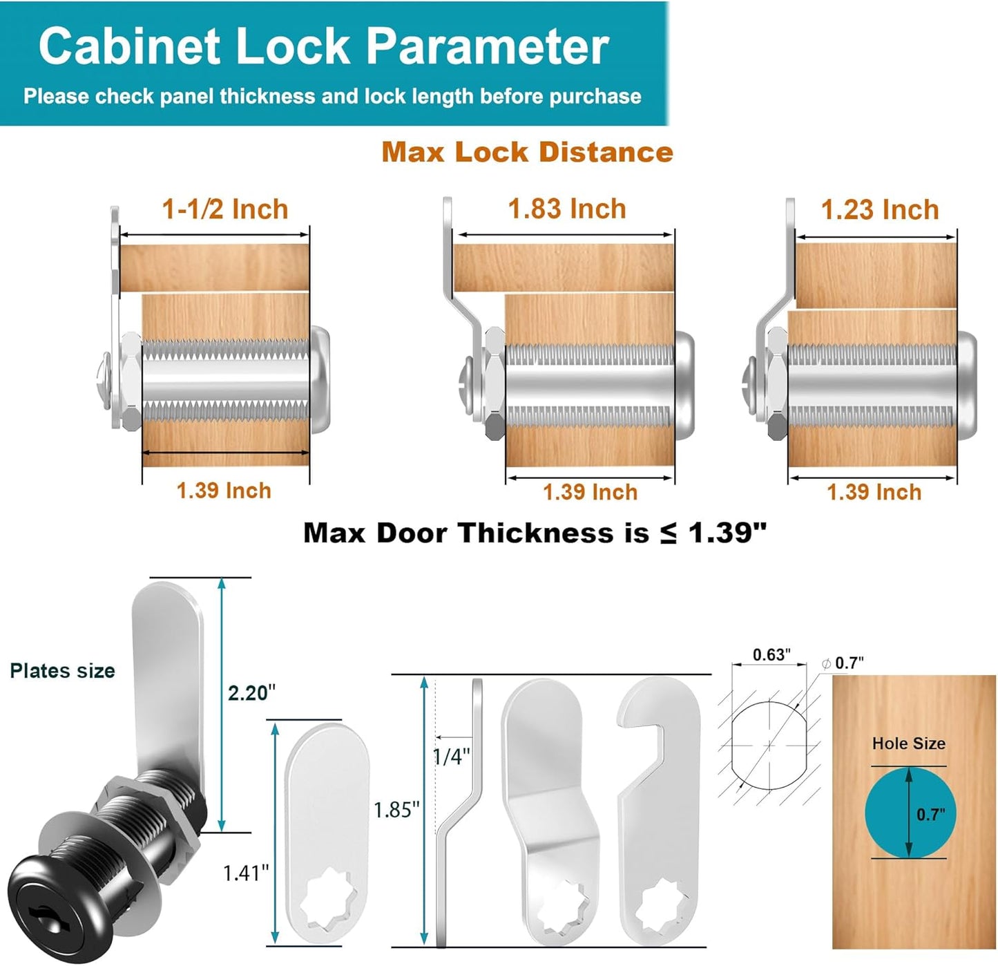6 Pcs Black Cabinet Locks with Keys, 1-1/2" Cam Lock Keyed Alike, RV Cam Locks for Cabinets RV Storage Door, Cabinet and Drawer Lock with Keys, Zinc Alloy