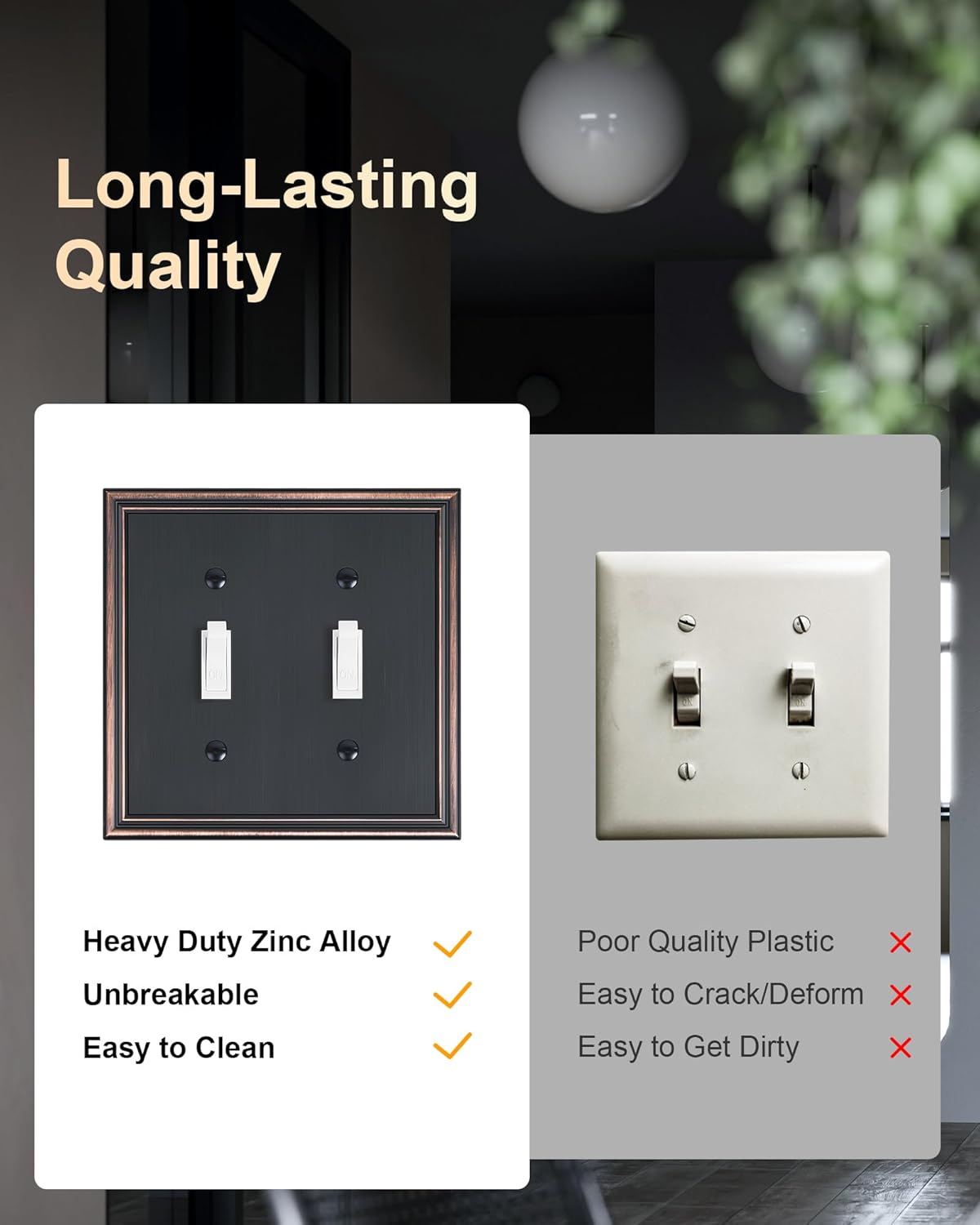 2-Pack Double Toggle Light Switch Cover Plate, Durable Solid Zinc Alloy Decorative Dual Switch Plate Covers, Aged Bronze 2 Gang Wall Plate, Corrosion Resistant