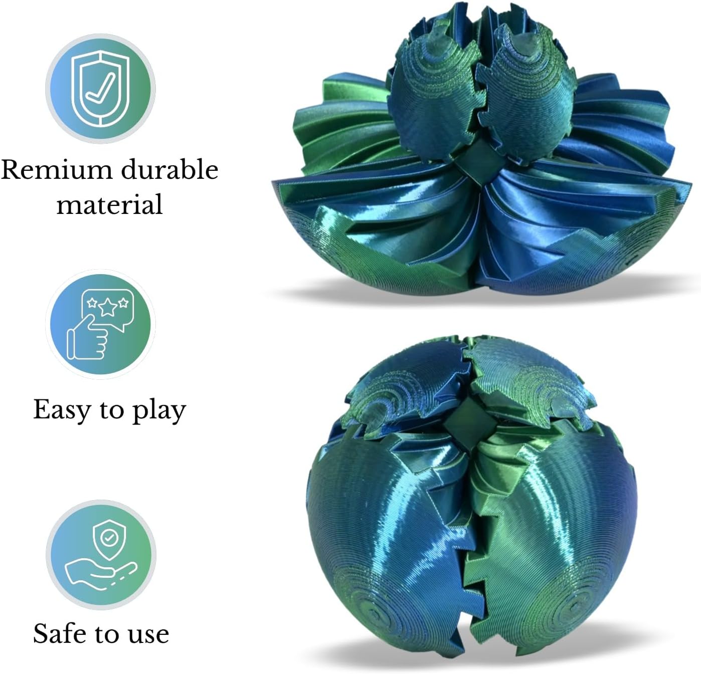3D Printed Gear Ball, Gear Sphere Fidget Toy Stress Relif Toy for ADHD, Anxiety Relaxing Toy for Adults at Work/Study/Travel, Twisted Blue-Green