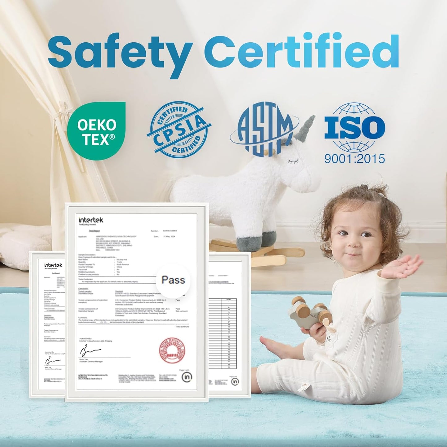 1.3" Thick Baby Play Mat,Ultra Soft Elasti-Foam 50×50 Playpen Mat for Tummy Time,Water-Repellent Coral Fleece Nursery Rug for Infants,Toddlers,Kids,Non-Slip Safe for Crawling(Ice Blue)