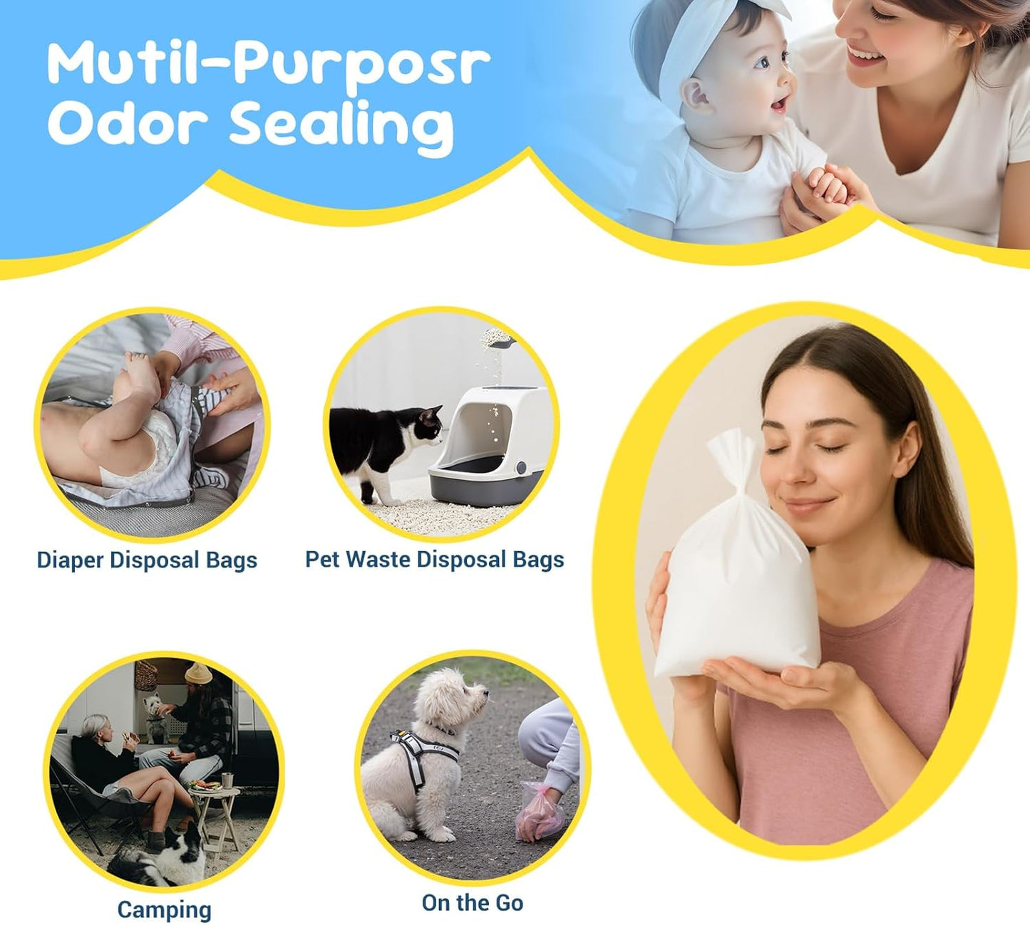 Odor Sealing Baby Diaper Disposal Bags - S/220 Counts Unscented, Durable Diaper Trash Sacks for Home, Travel & On-the-Go Use (Color:White)