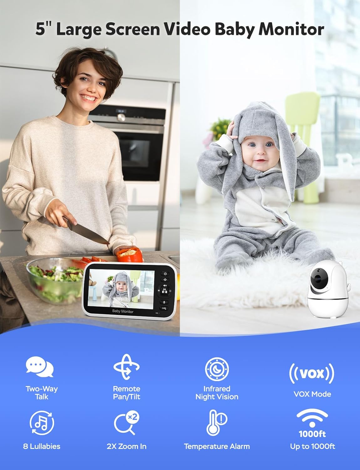 GoodBaby Baby Monitor with Camera and Audio - No WiFi, Remote Pan-Tilt-Zoom, Night Vision, Temperature Sensor, 2-Way Talk, 8 Lullabies, 30-Hour Battery Life，960ft Long Range