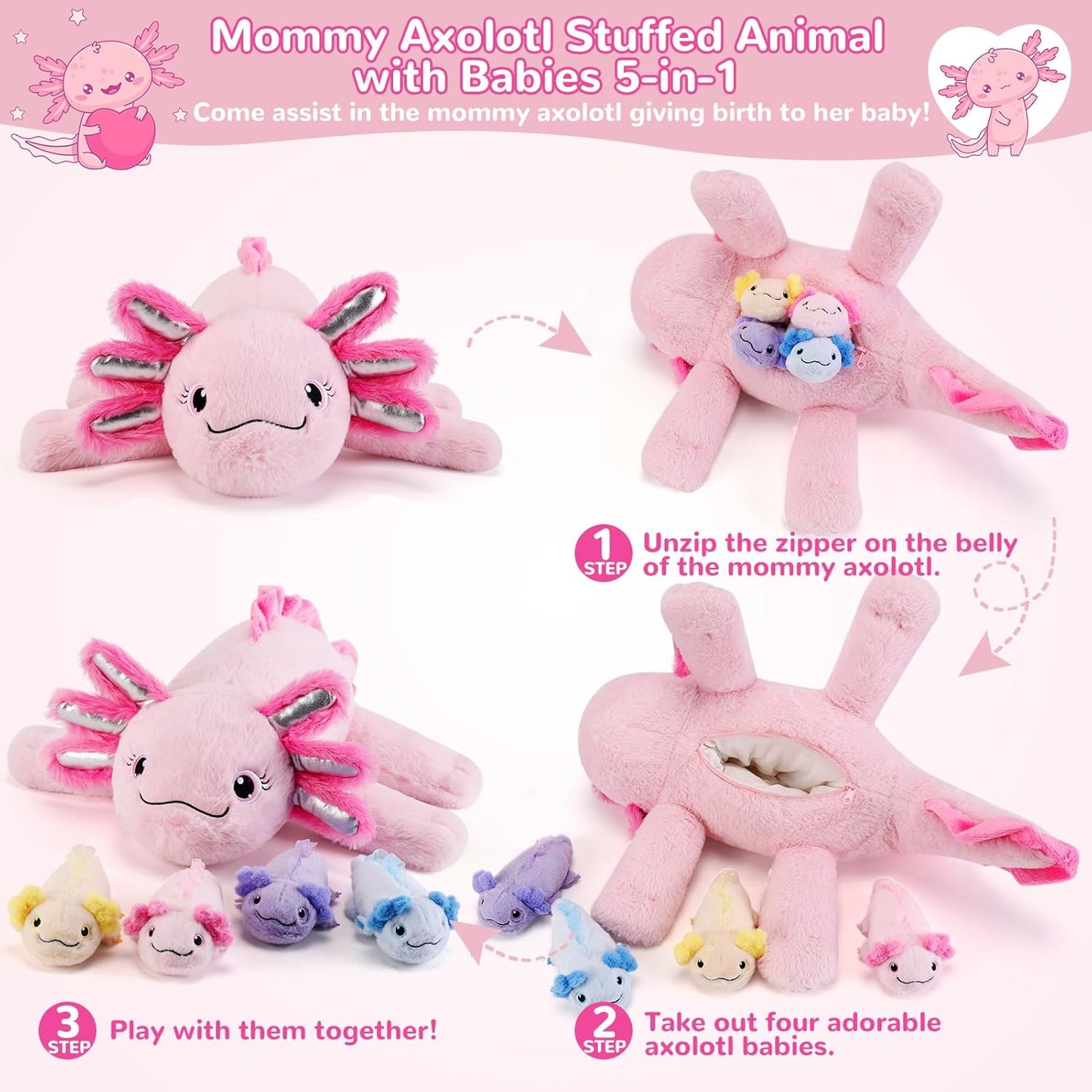 5 Pieces Axolotl Stuffed Animals with Babies Inside Belly - 1 Mommy Stuffed Axolotl with 4 Babies - Pink Axolotls Plush Toy for Kid Age 3-8, Gift Ideal for Christmas, Valentine's, Birthday