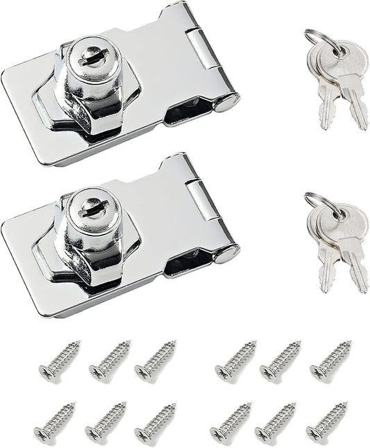 2.5 Inch Keyed Hasp Lock for Cabinets & Small Doors, Twist Knob Design, Heavy Duty Zinc Alloy with Chrome-Plated Iron, Includes Keys & Screws - Silver, 2 Pack