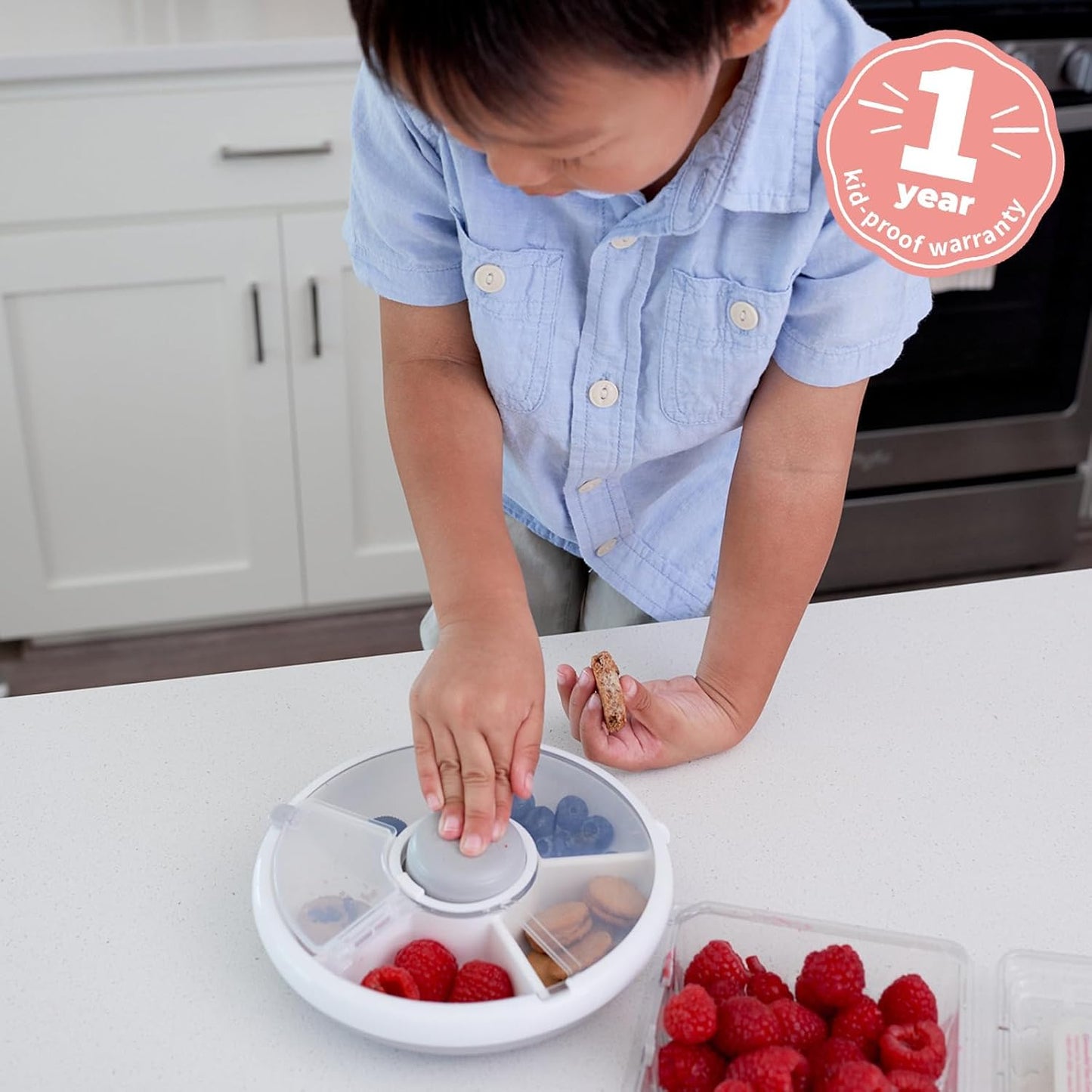 GoBe Kids Small Snack Spinner Flip Bundle with Hand Strap and Sticker Sheet - Reusable Snack Container with 5 Compartment Dispenser and Lid | BPA/PVC Free | Dishwasher Safe | No Spill - Taro Purple