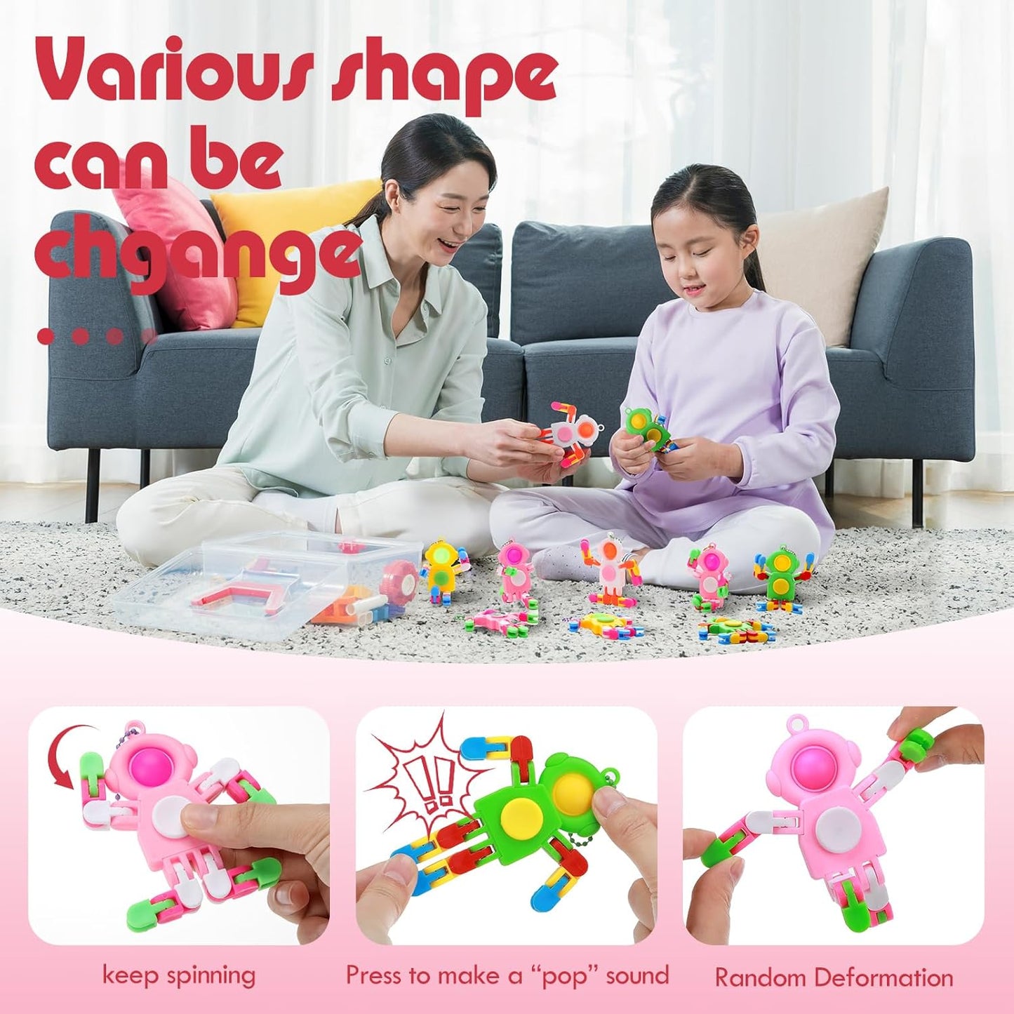 32 Pcs Funny Sensory Fidget Toys Robot Fidget Spinners Fidget Party Favors Robot Fingertip Toy DIY Transformable Chain for Teens Adults Stress Relief Birthday Gift (4 Colors,Cute Style)