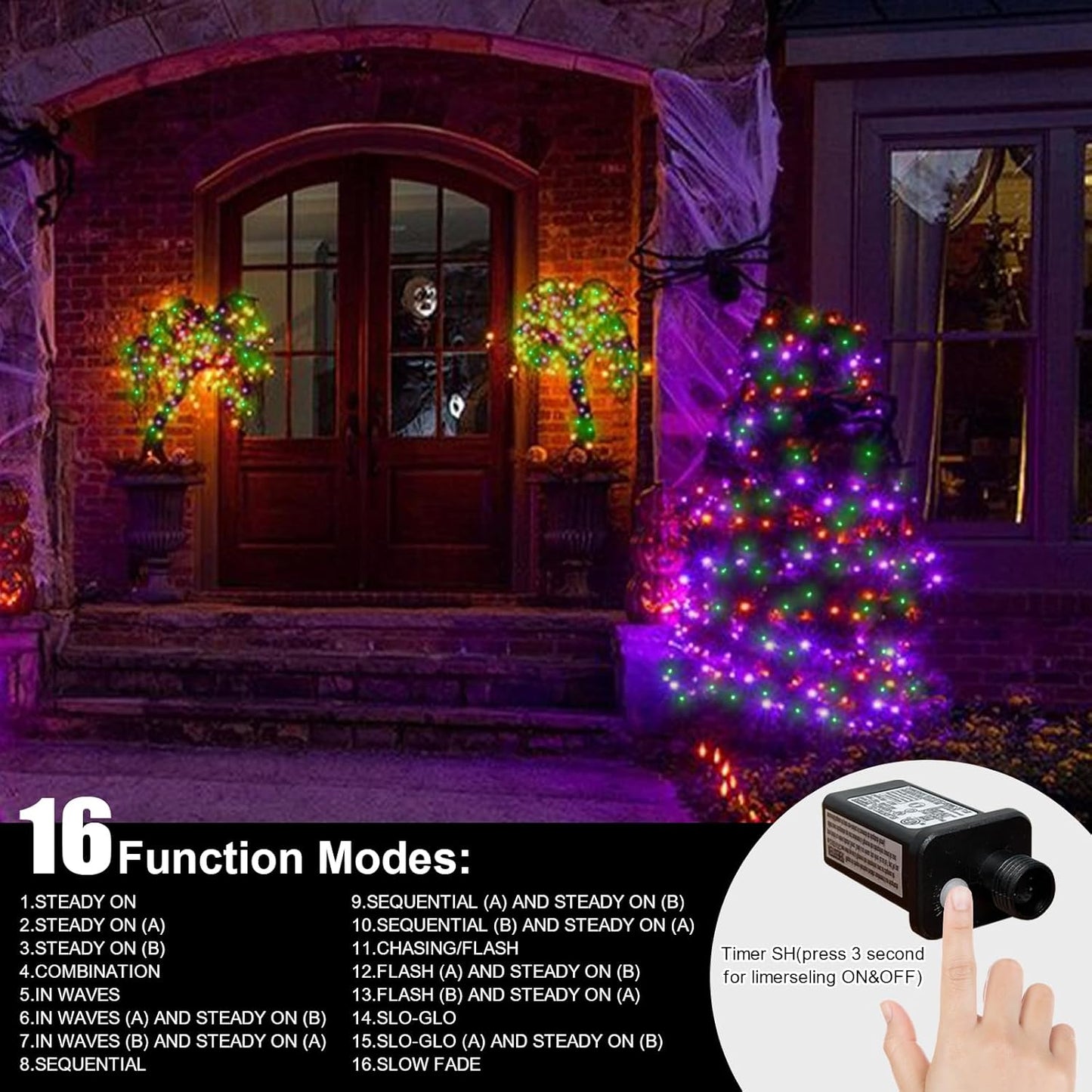 66ft Halloween Decorative Mini Lights, 200 LED Brown Wire Fairy Starry String Lights Plug in, 16 Lighting Modes for Halloween Outdoor Party Decoration (Orange/Purple/Green)