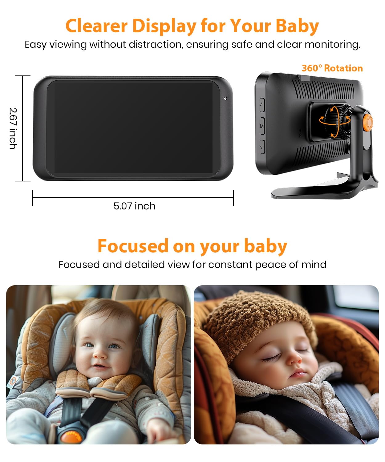 BV2 Baby Car Camera, 4.5'' HD 1080P USB Rear-Facing Mirror, IR Night Vision, 360° Adjustable, Plug & Play Backup Monitor for Child & Pet Safety
