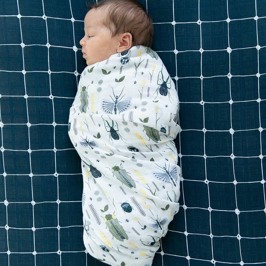 GRACED SOFT LUXURIES Premium Muslin Baby Swaddle Blankets 2 Pack | Large 47 x 47 inch | 100% Cotton Muslin Newborn Infant Swaddle Receiving Blanket Wrap (Busy Bugs | Dotted Grid)