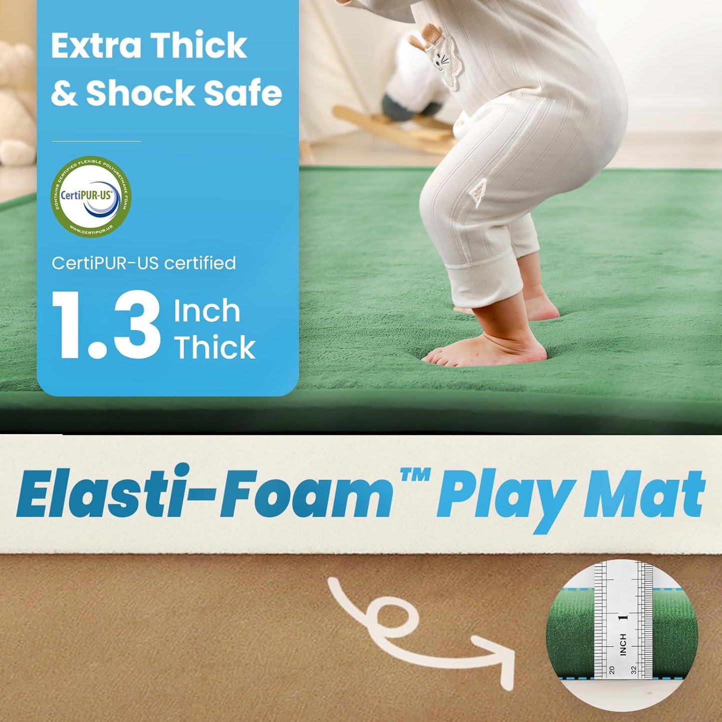 1.3" Thick Baby Play Mat,Ultra Soft Elasti-Foam 50×50 Playpen Mat for Tummy Time,Water-Repellent Coral Fleece Nursery Rug for Infants,Toddlers,Kids,Non-Slip Safe for Crawling(Emerald)