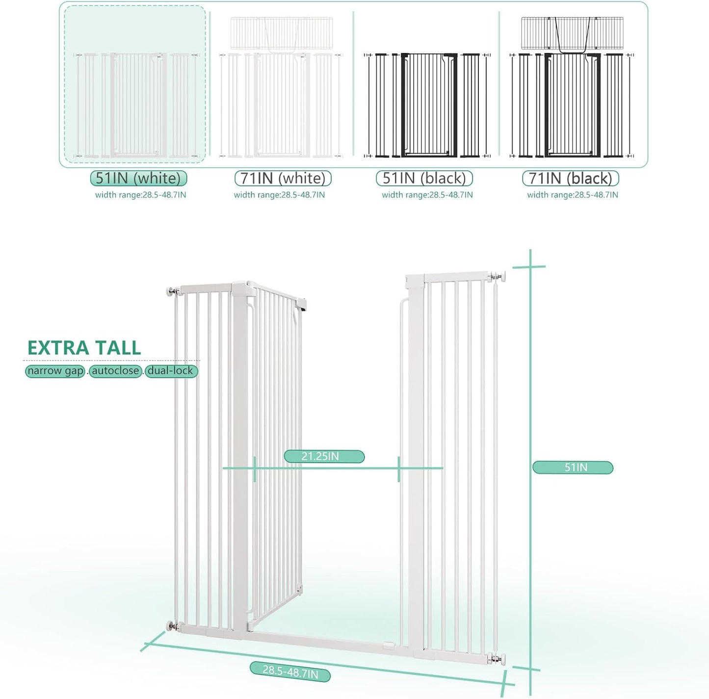 51" Extra Tall Cat Gate 28.5"-48.7" Wide, Auto Close, Pressure Mounted, for Cats & Small Dogs, Hallway, Stairs, Kitchen