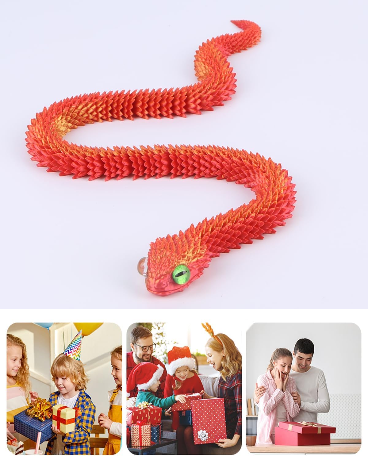 3D Printed Animals-Snake Viper, 24 in Surprise Mystery Snake Fidget Toy Creative Toy 3D Printed Articulated Snake Collectibles Home Office Executive Desk Decor (Red Gold)