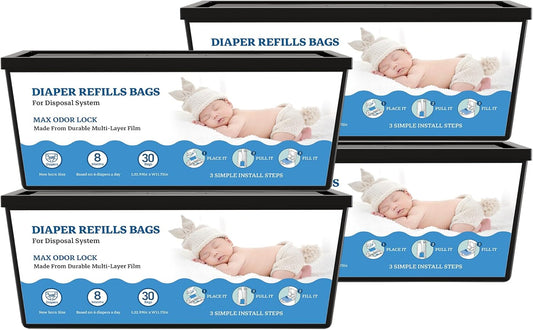 Diaper Refill Bags Compatible with Genie Easy Roll & Platinum Diaper Pails, 7-Layer Odor Control, Extra Thick, 4-pack (120 Bags), Holds up to 5600 Newborn Diapers