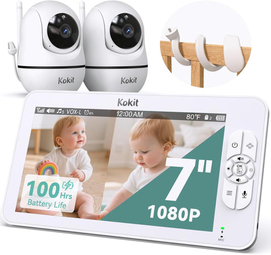 7" 1080P Full HD Split-Screen Baby Monitor,100 Hrs 5000mAh Battery Runs 4 Days with Flexible Bracket,No WiFi Baby Monitor with 2 FHD Cameras Hack-Proof,4X Zoom,2-Way Talk,Temp Alert/Lullabies/VOX