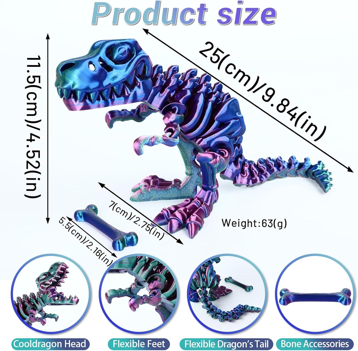 3D Printed Dinosaur Bone Skeleton Tyrannosaurus Rex with Movable Jaw Fidget Dinosaur Toys Full Articulated Dinosaur Executive Desk Toys Home Office Decor, Purple Mix Green-2