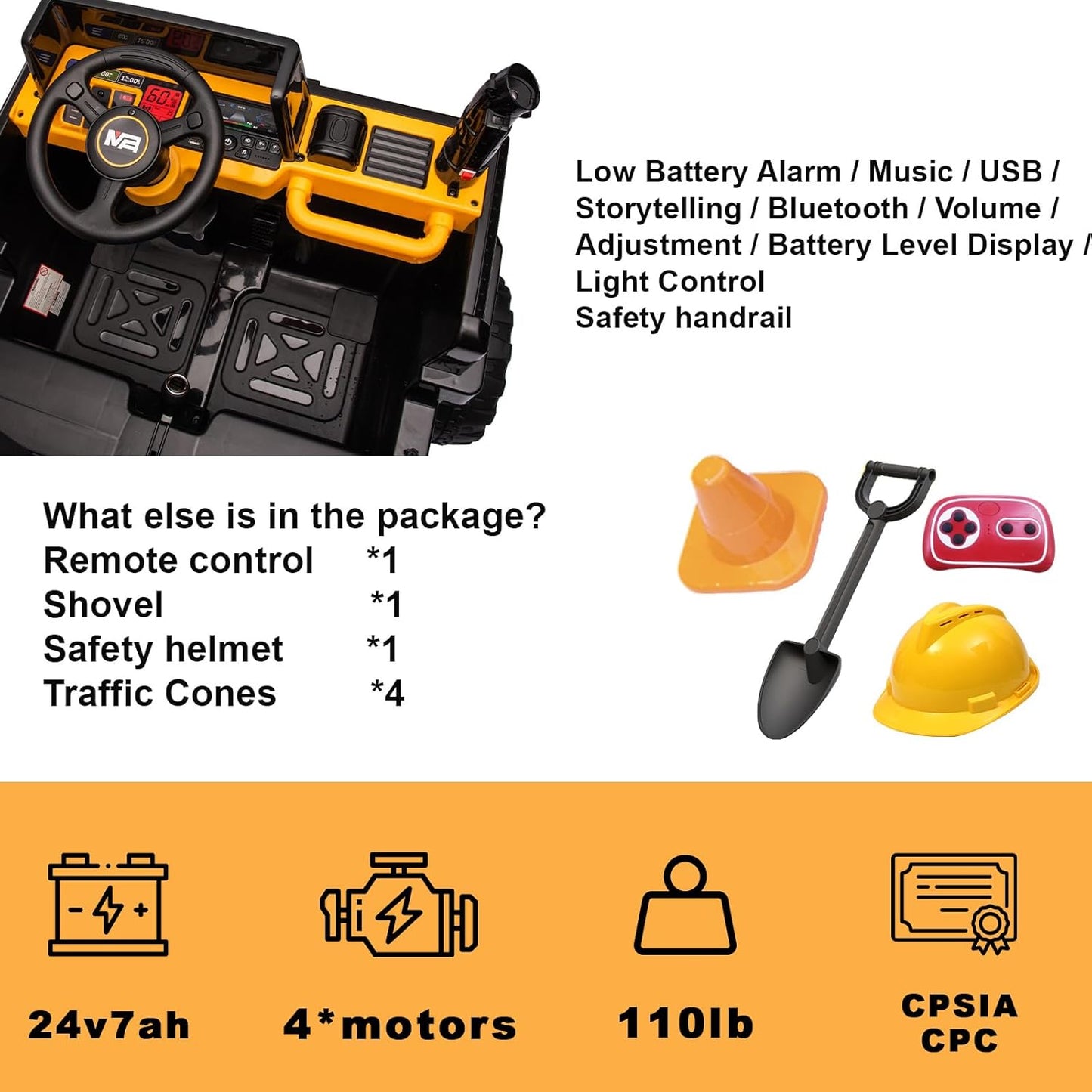 24V Ride On Dump Truck, 24inch-2 Seater Ride On Car for Kids w/Remote Control 4WD/2WD Up to 5 Mph, 24v Ride on Toys for Big Kids w/Electric Dump Bed Extra Shovel Traffic Cones (Yellow)